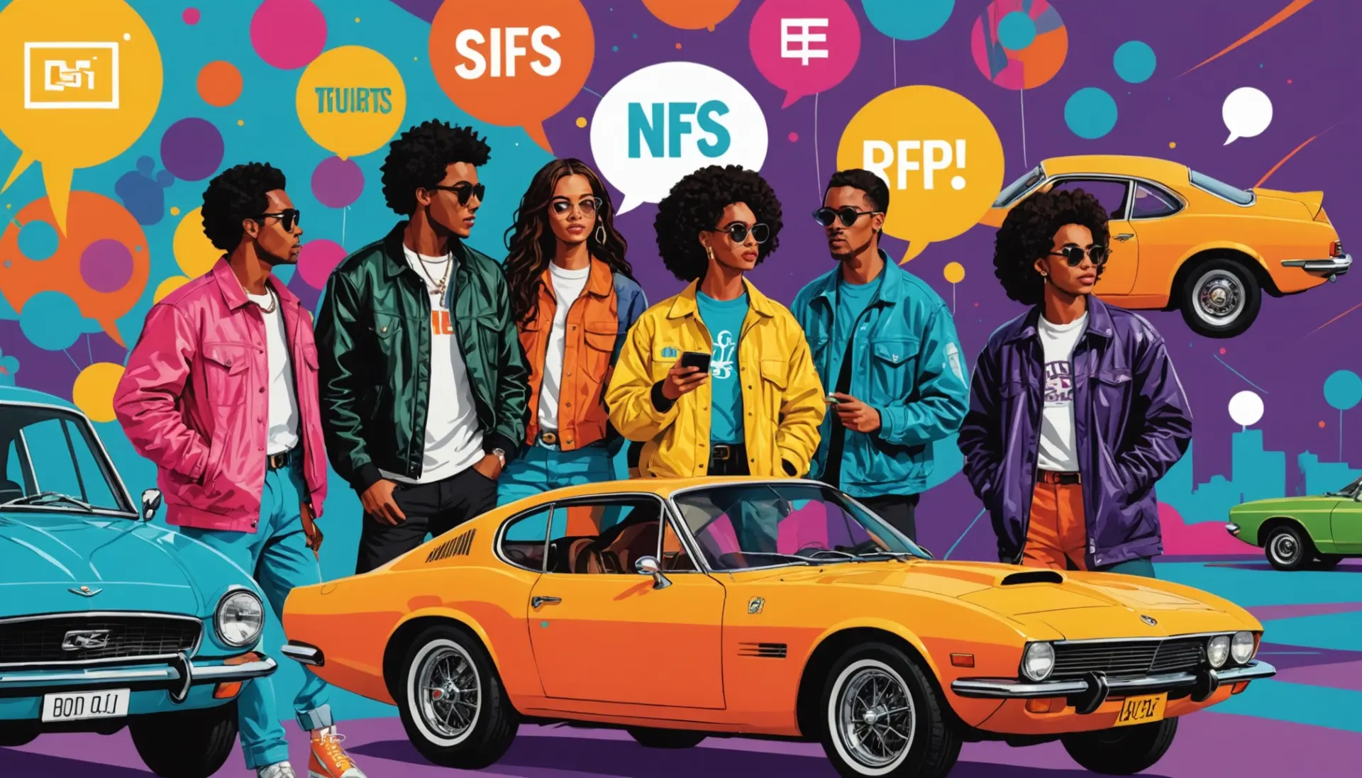 Editorial illustration about what does nfs mean urban dictionary showing diverse people with chat bubbles and a car, NFS focus