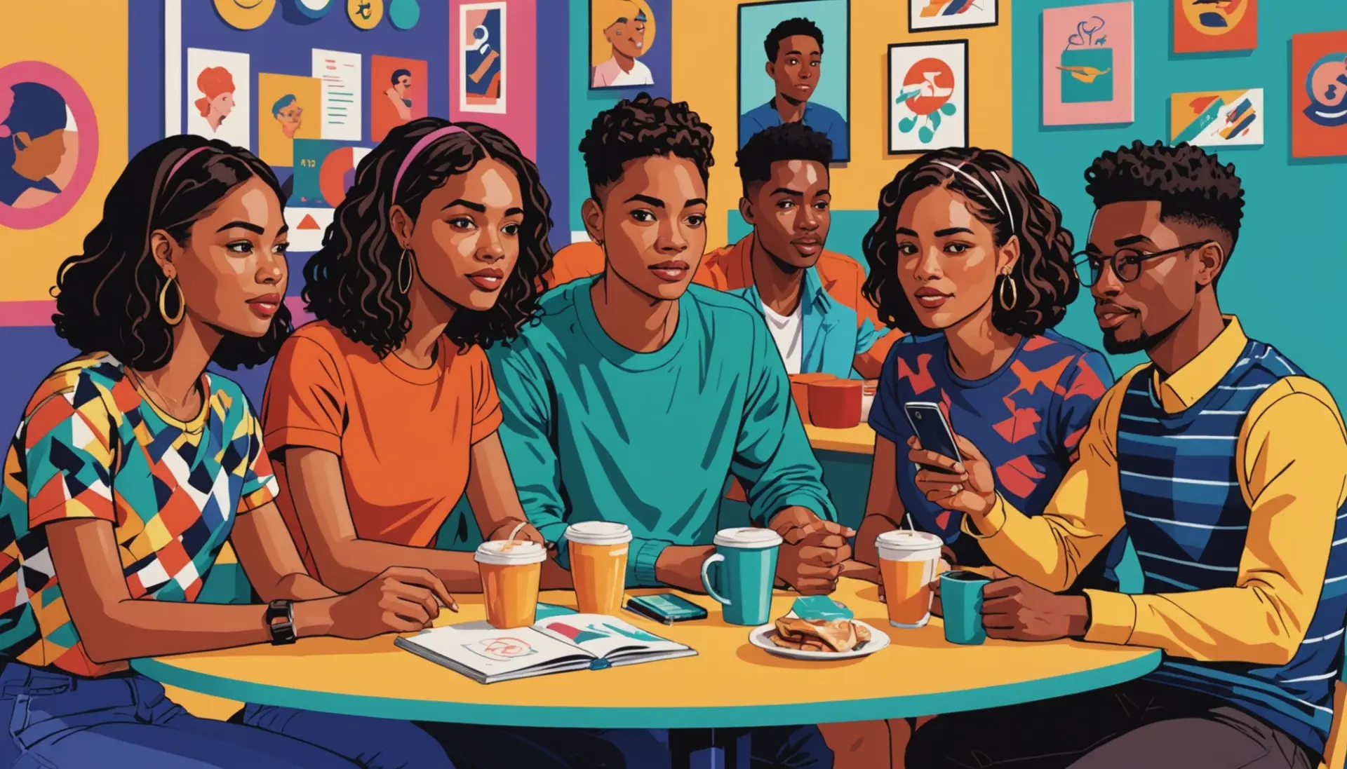 Editorial illustration of urban youth discussing 'chode meaning slang' at a cafe