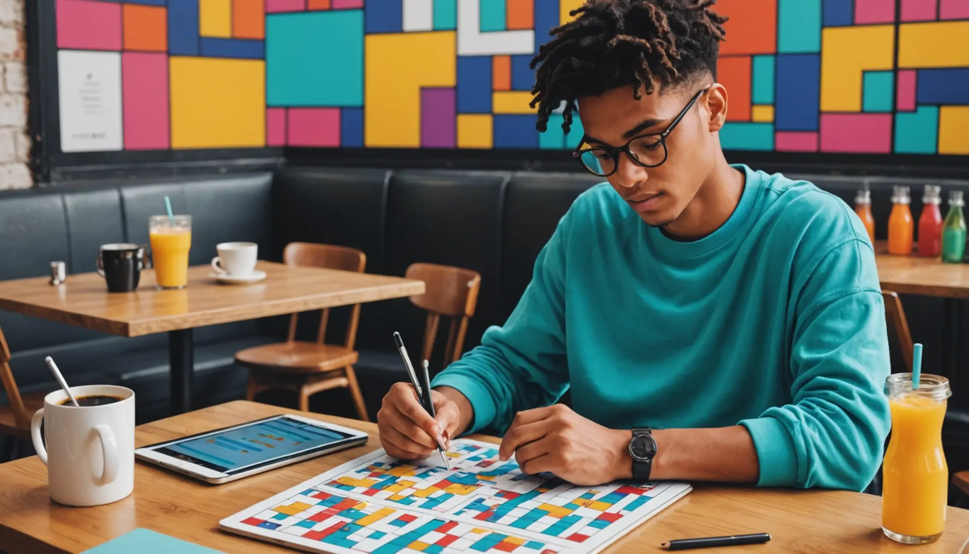 Editorial illustration of someone solving a crossword with the phrase kind of in slang crossword clue floating above