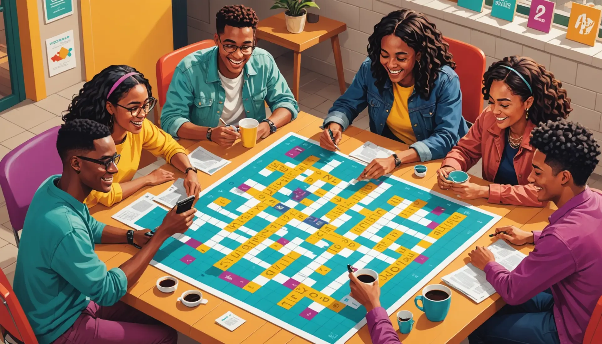 Editorial illustration showing people solving a crossword with slang words, featuring the phrase kind of slang crossword