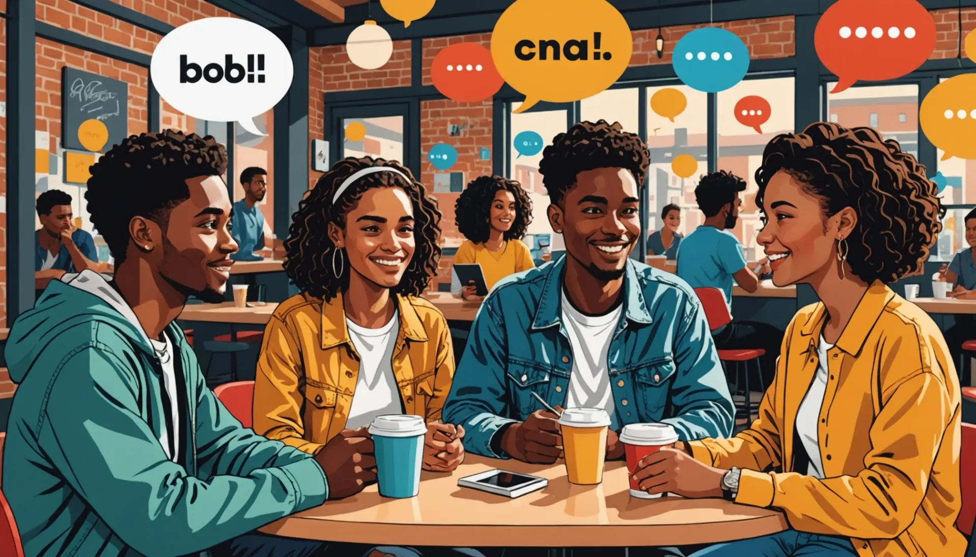 Editorial illustration showing people using the phrase kind of in slang on phones and chat bubbles