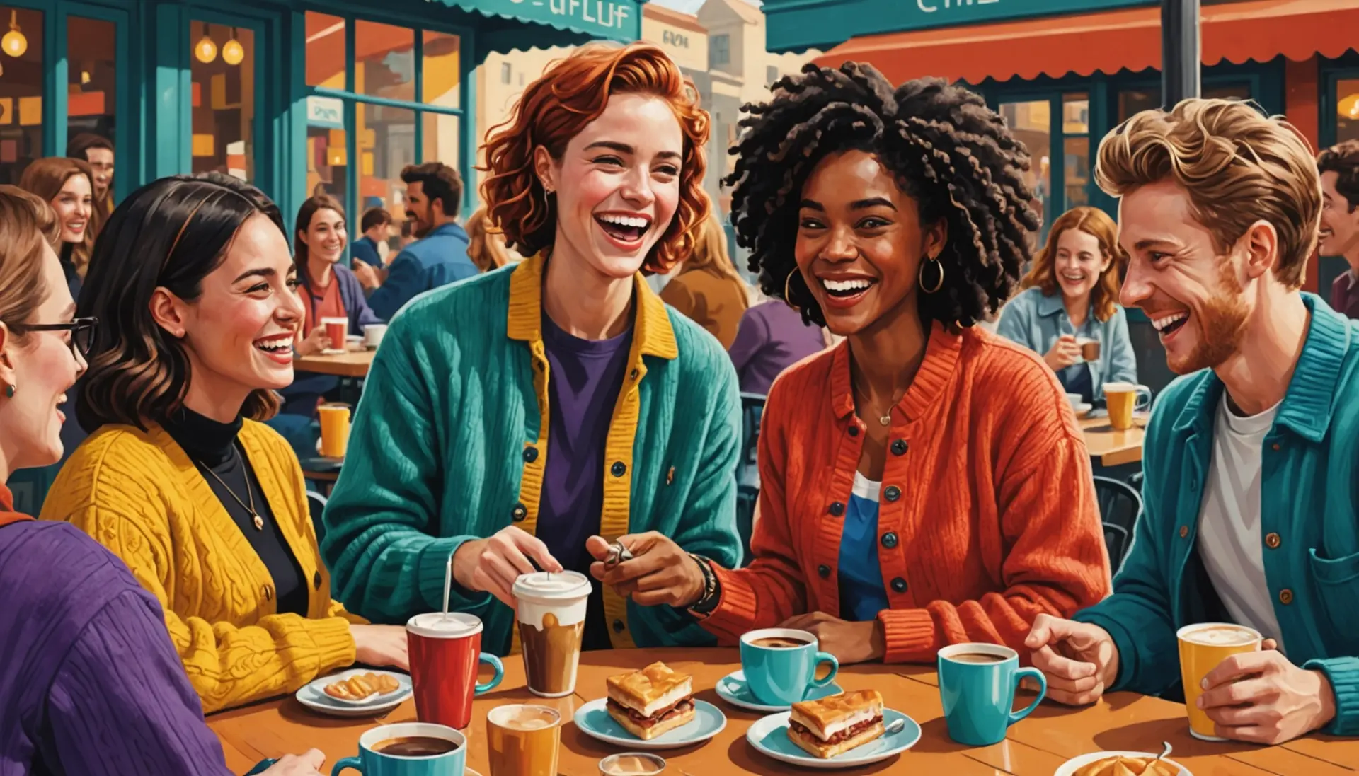 Illustration of friends joking about 'protected species australia slang' at a café