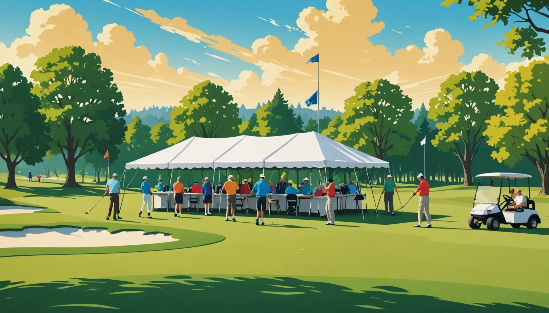 Editorial illustration of golfers near a Tournament Information Office tent, showing the term what does tio mean in golf