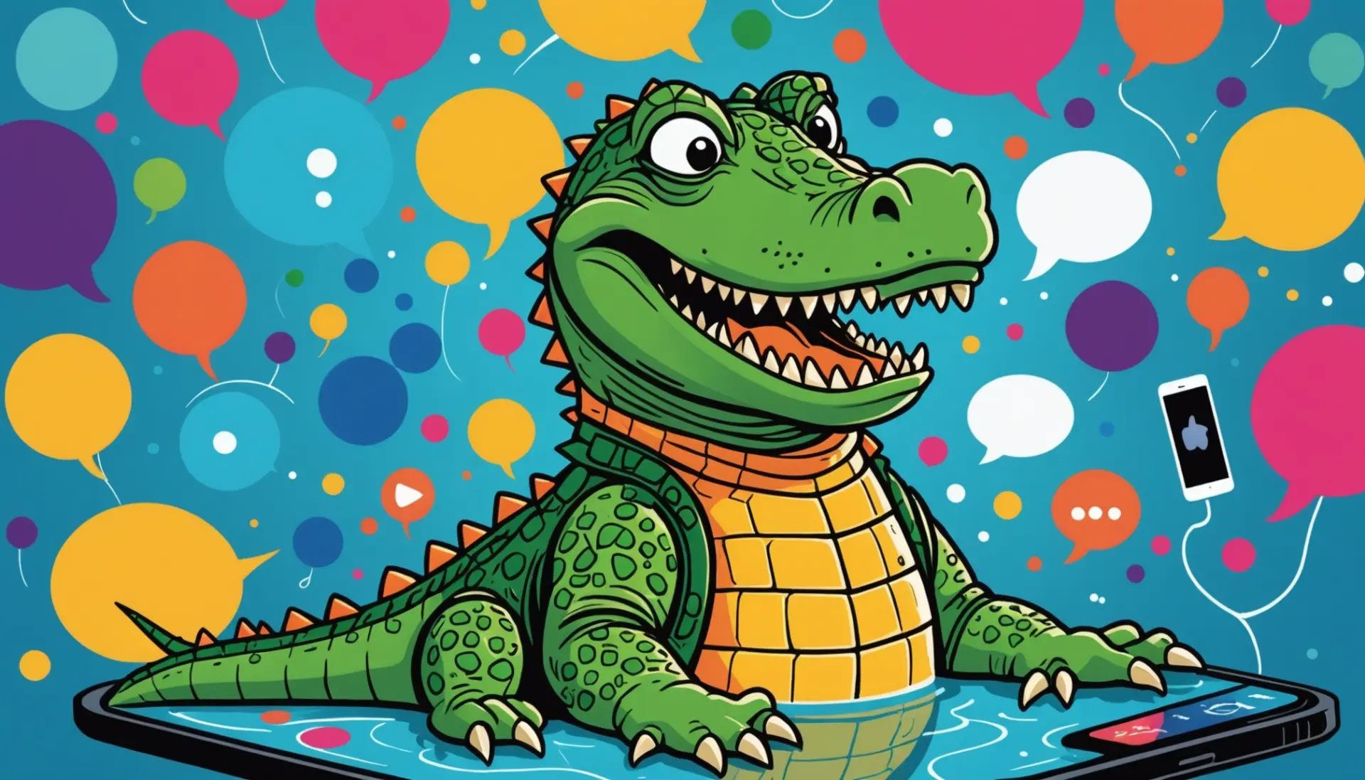 Editorial illustration of a stylized crocodile with chat bubbles, caption referencing urban dictionary crocodile