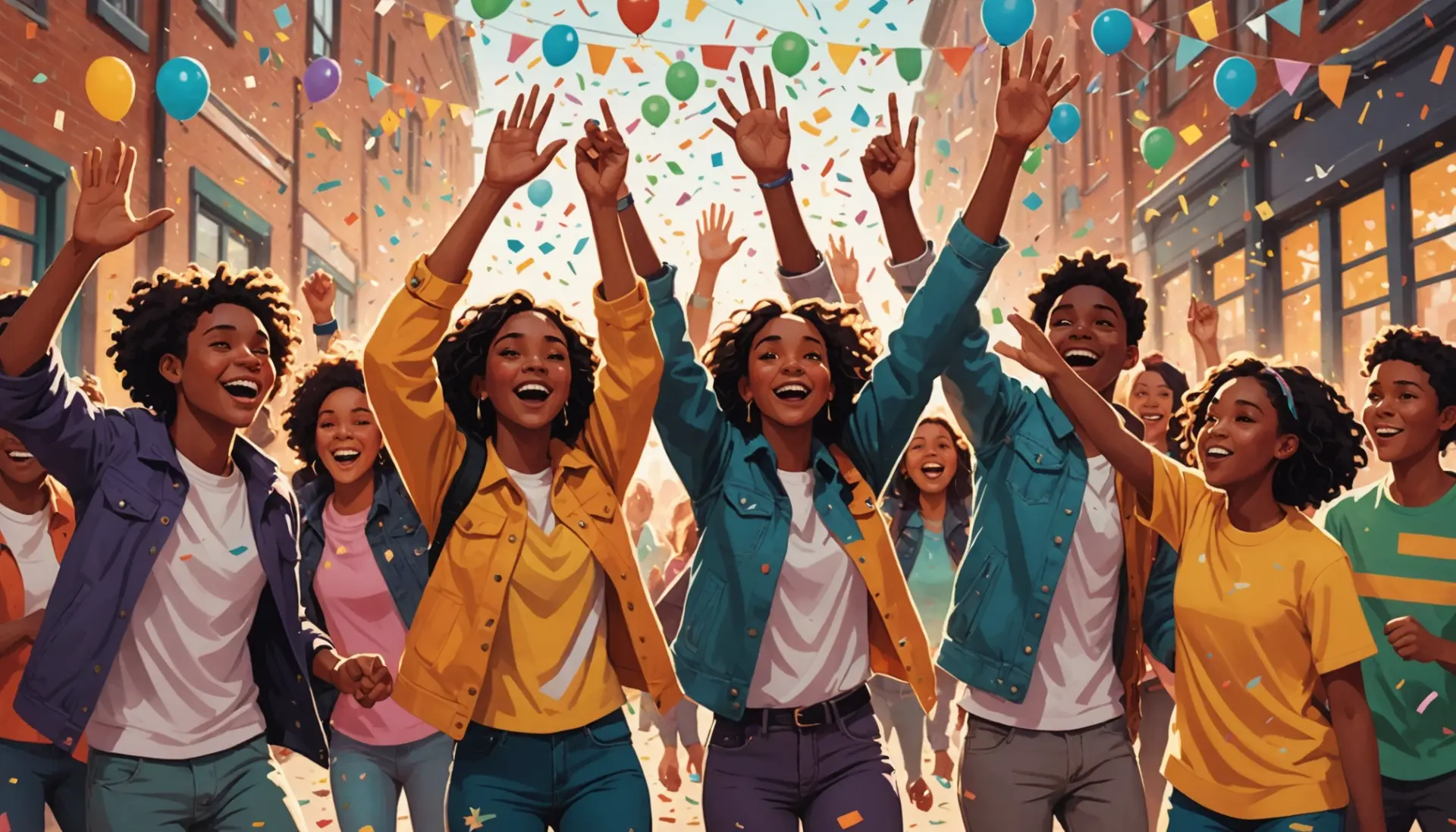 Friends celebrating with confetti, hinting at congratulations in spanish slang