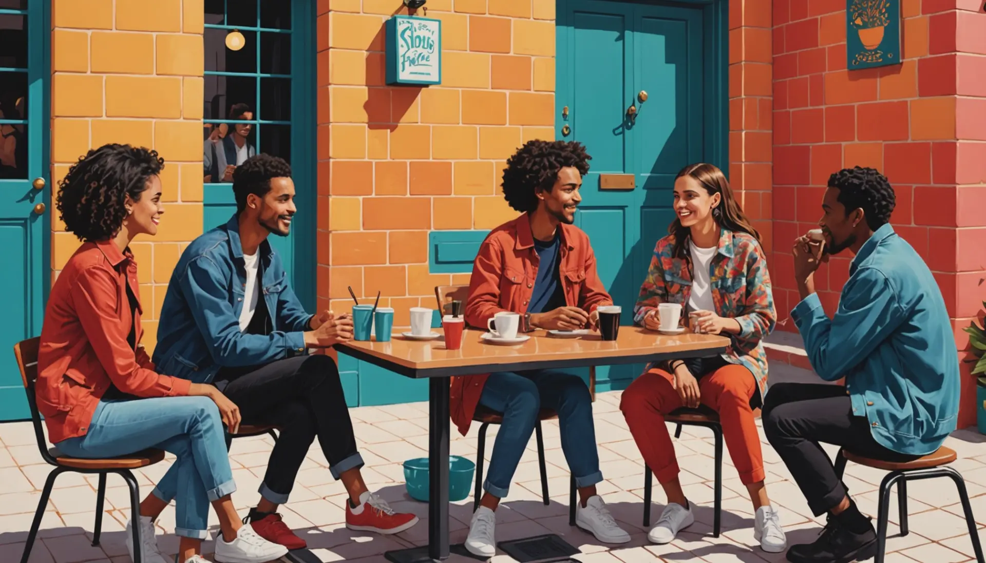 Editorial illustration of young people using Spain slang words, highlighting Spain slang culture