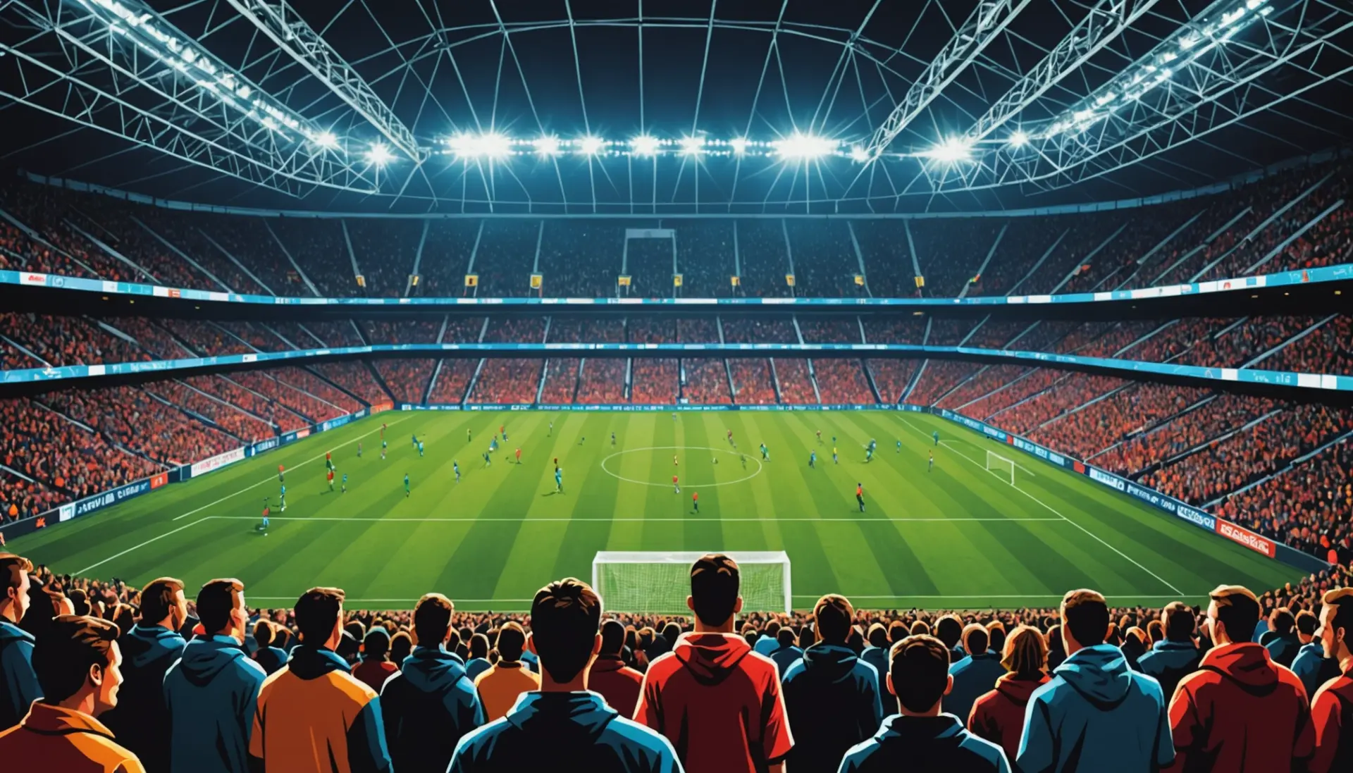 Illustration showing stadium fans reacting to extra time with the phrase what does no golden goal mean in world cup themed vibe