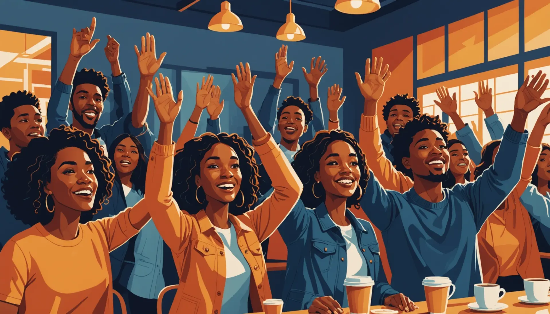 Illustration showing people reacting with joy and prayer, caption concept for what does hallelujah mean