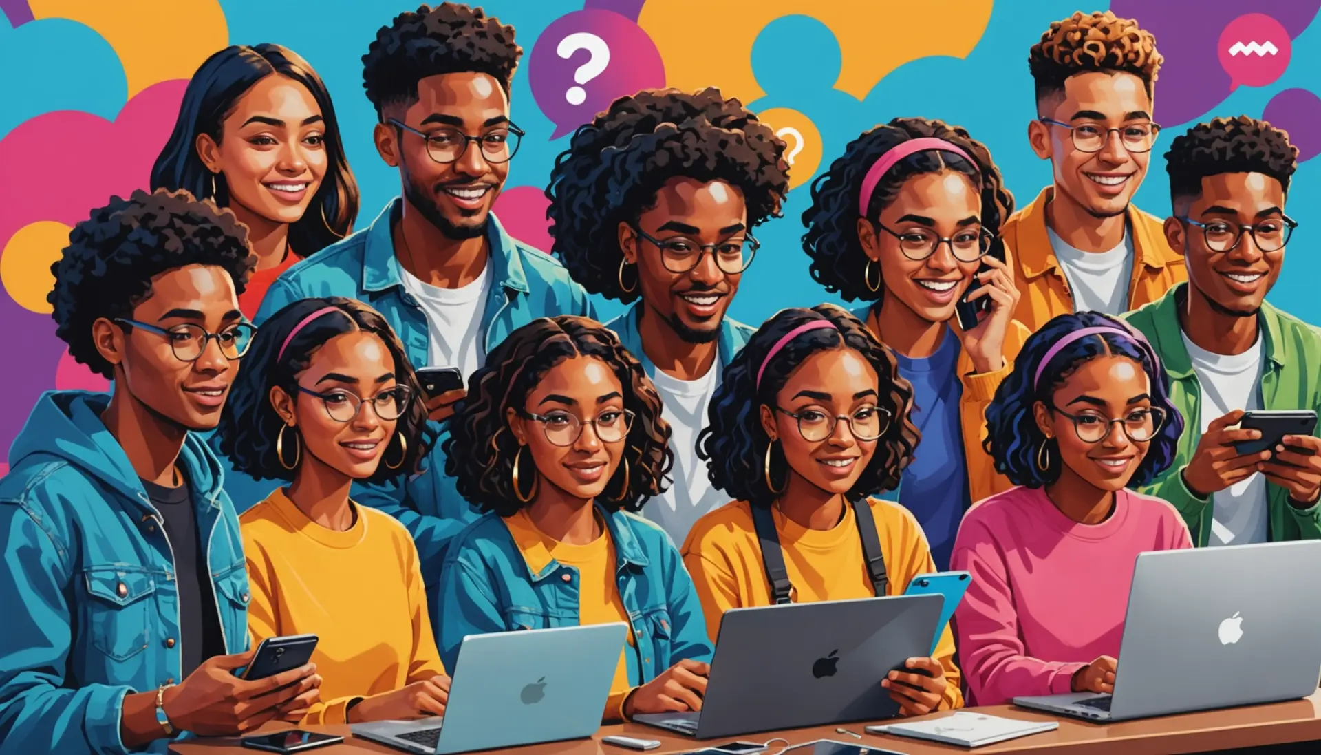 Editorial illustration of teens texting with the phrase what does fytb mean in slang floating as emoji-style icons