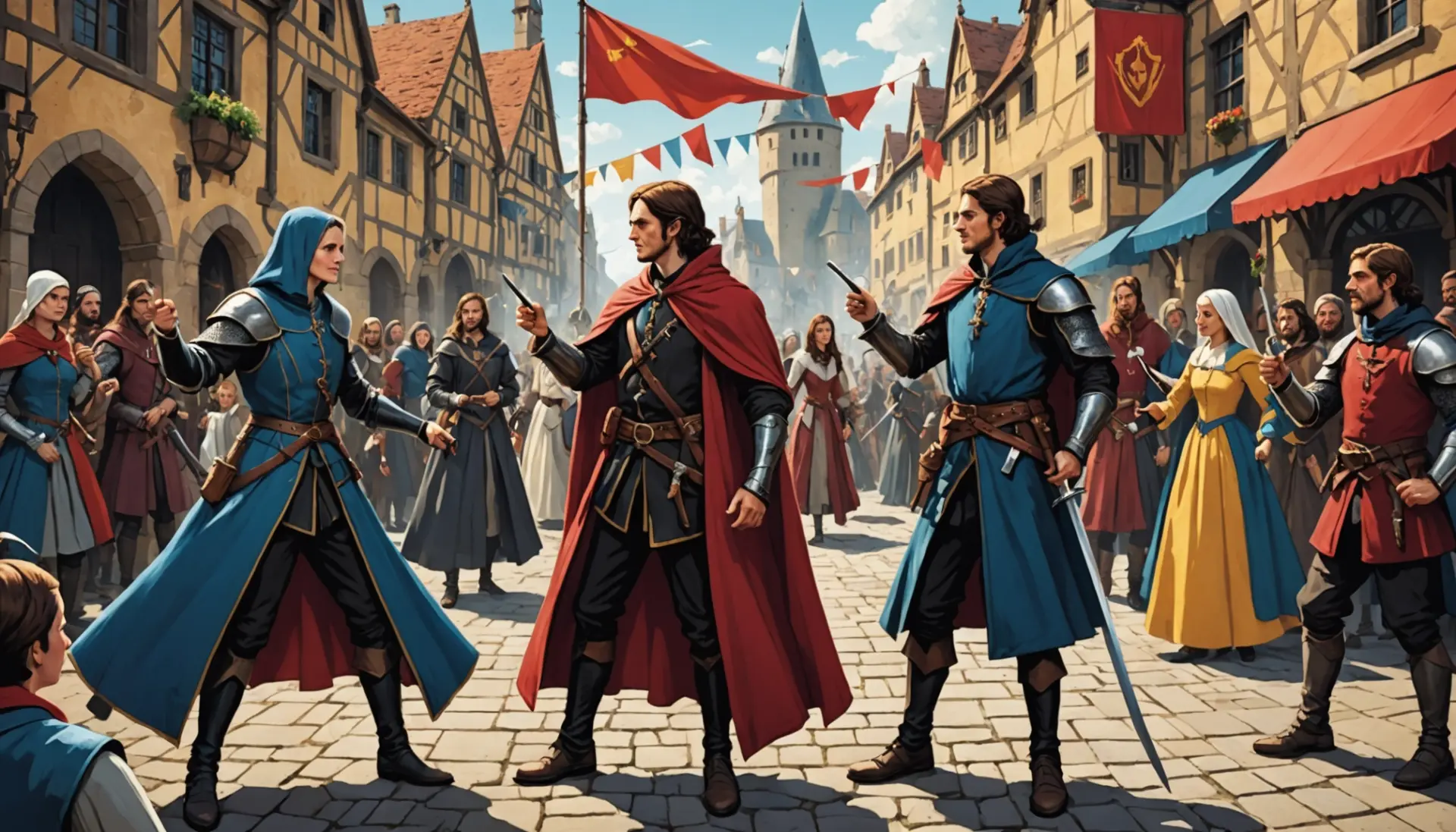 Editorial illustration representing larpers meaning slang with costumed players and online avatars