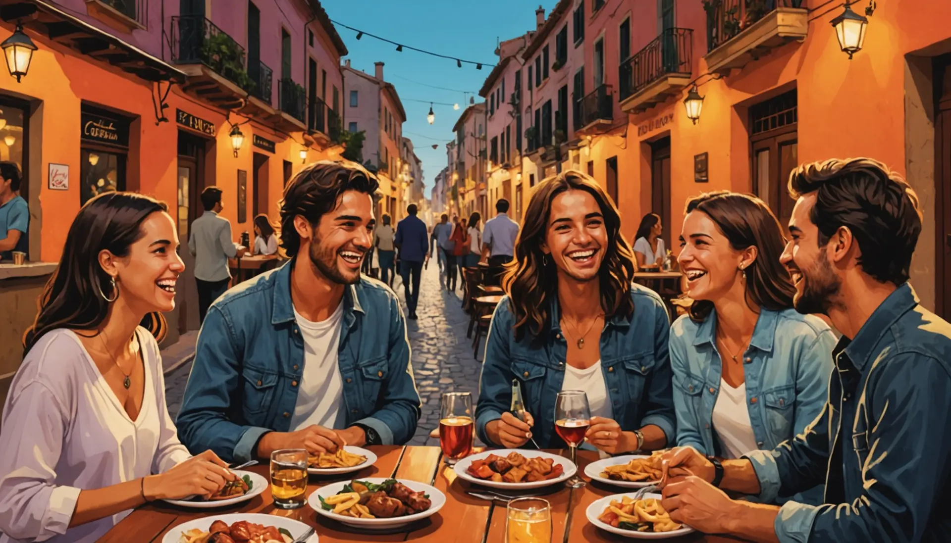 Editorial illustration of young people using Spain slang words in a lively Spanish street scene
