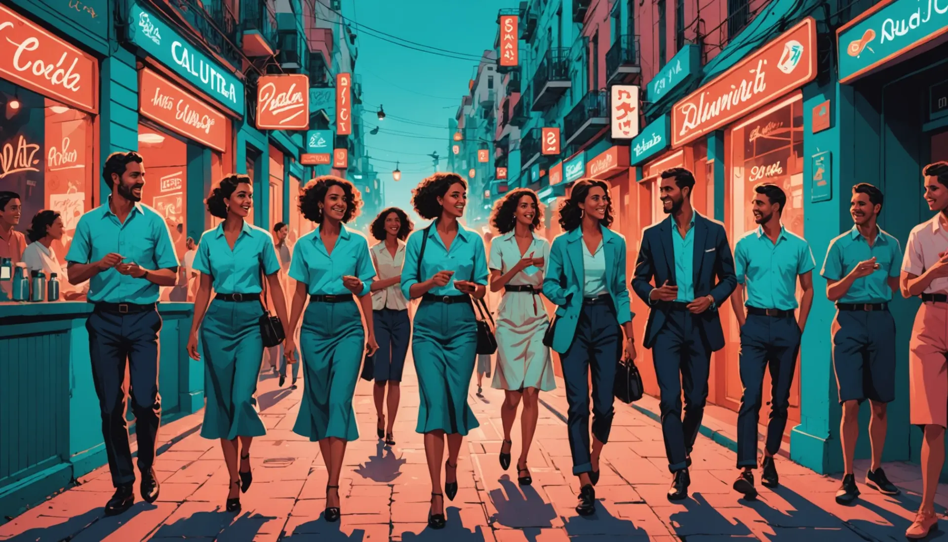 Editorial illustration of young people using argentinian slang in a Buenos Aires street scene, showing Argentinian slang culture