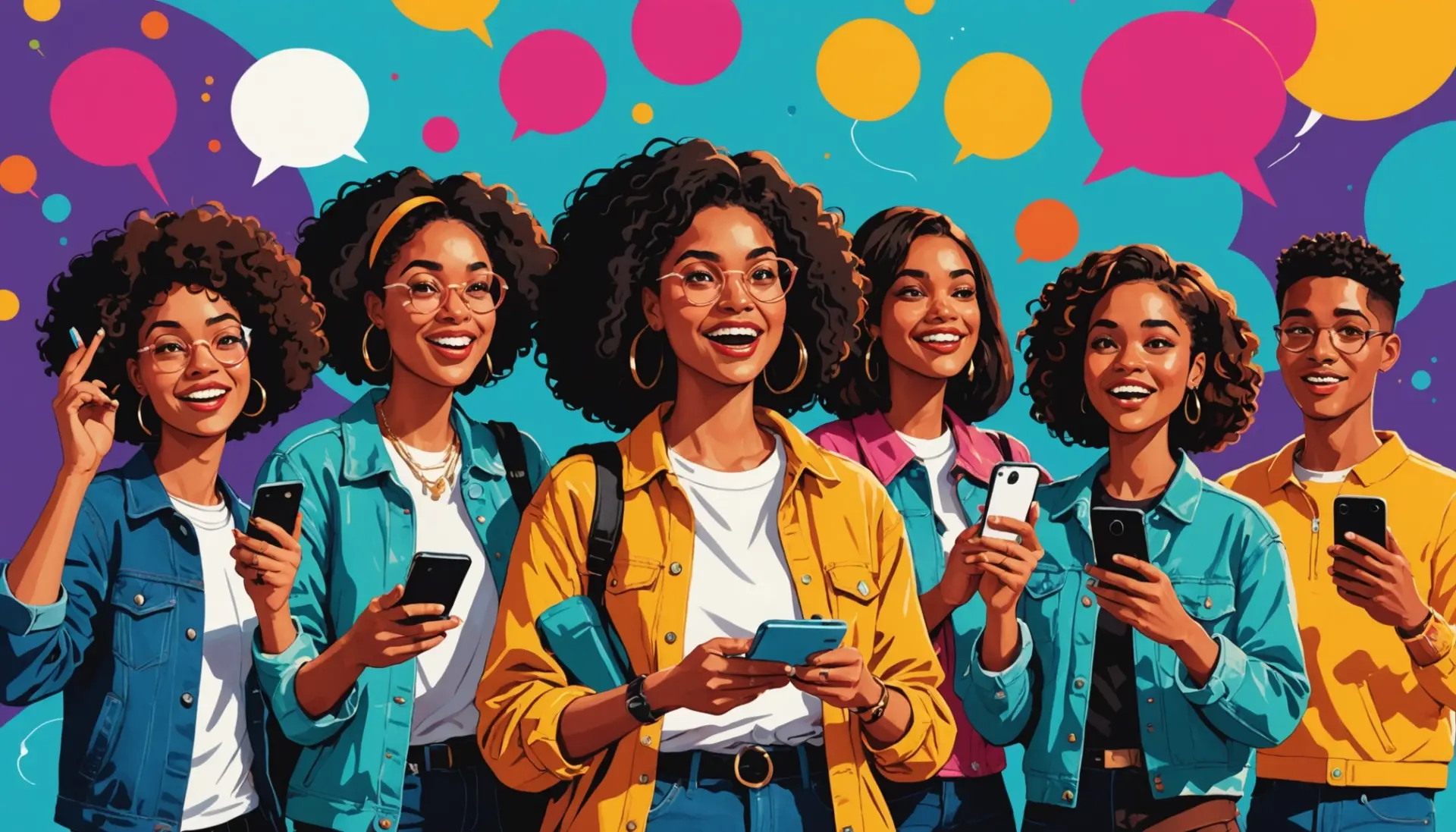 Editorial illustration of people texting the phrase what does sakes mean on colorful background
