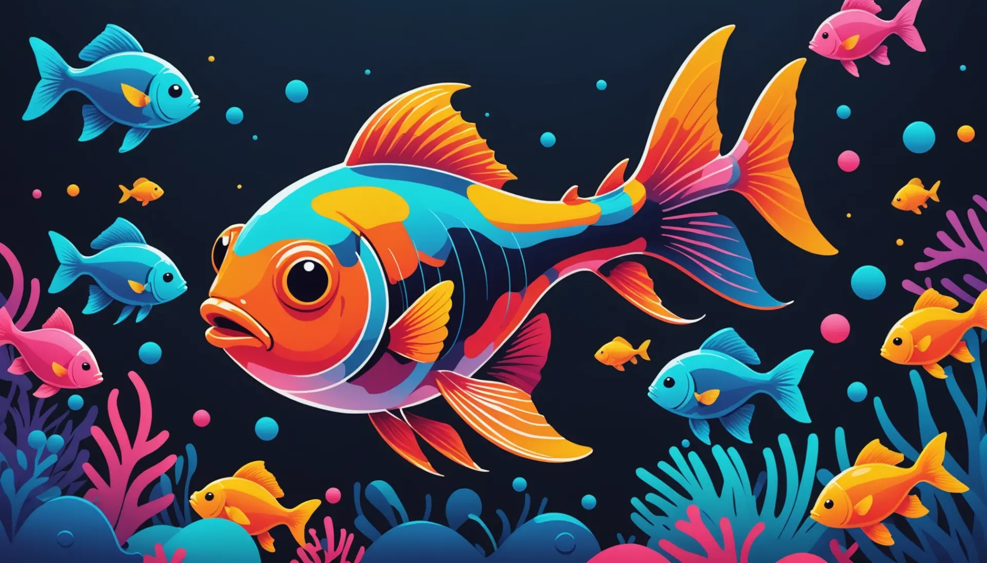Editorial illustration showing a small colorful guppy fish representing 'guppy meaning slang' in a lively social media context