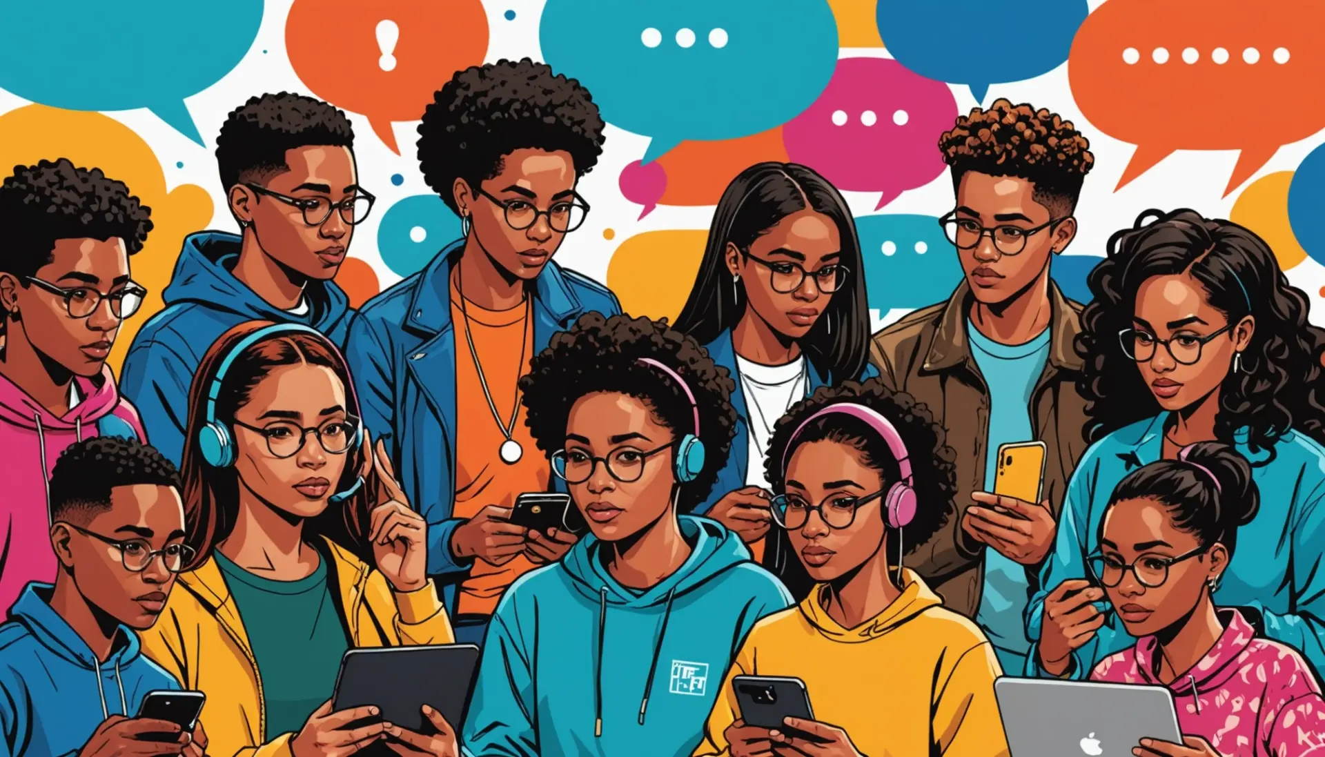 Editorial illustration showing people texting the phrase what does tbf mean in slang in speech bubbles