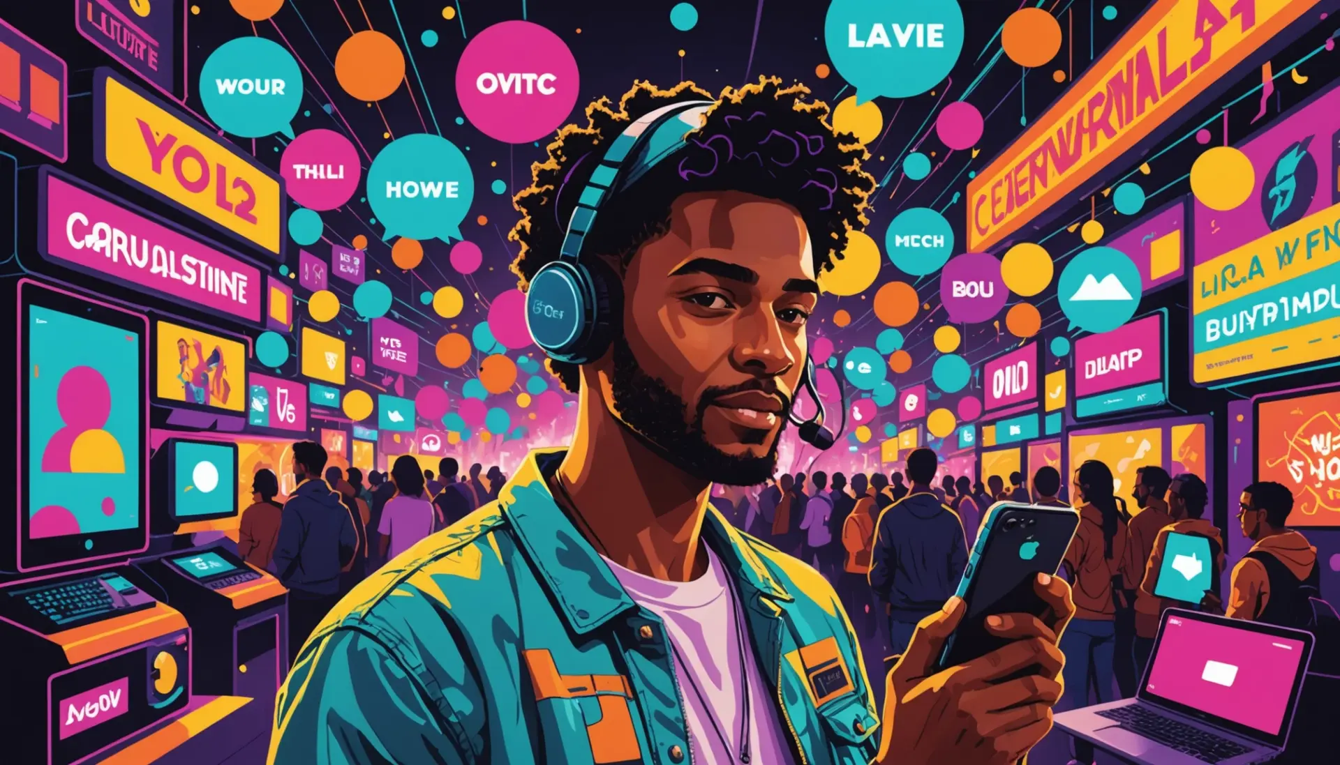 Editorial illustration showing people online debating what does shill mean