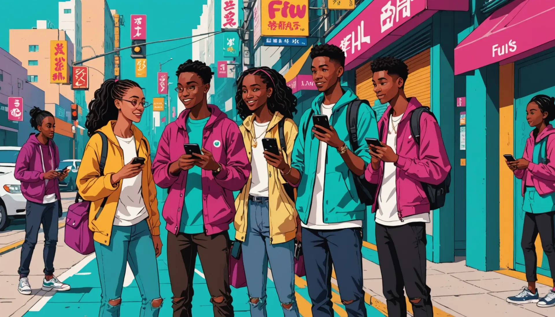 Editorial illustration of youth discussing 'fufu urban dictionary' slang, vibrant street culture scene