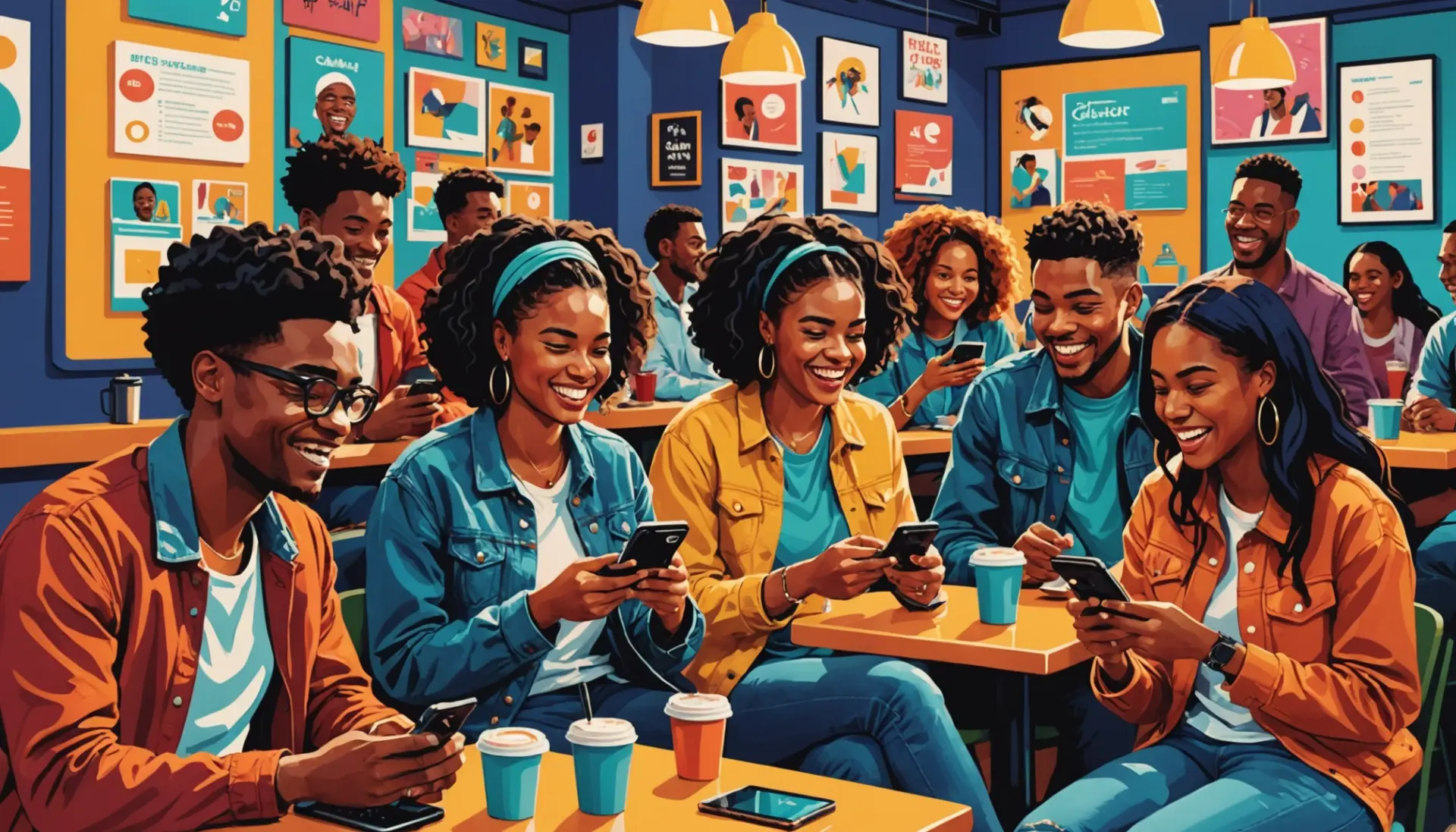 Editorial illustration of young people texting and reacting, captioned concept for sw meaning slang