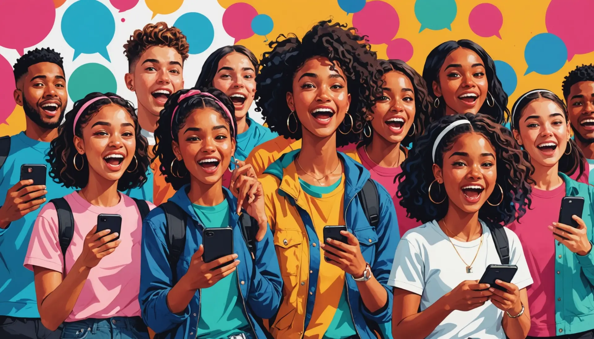 Editorial illustration showing young people reacting to text bubbles with ‘fmu meaning slang tiktok’ vibes