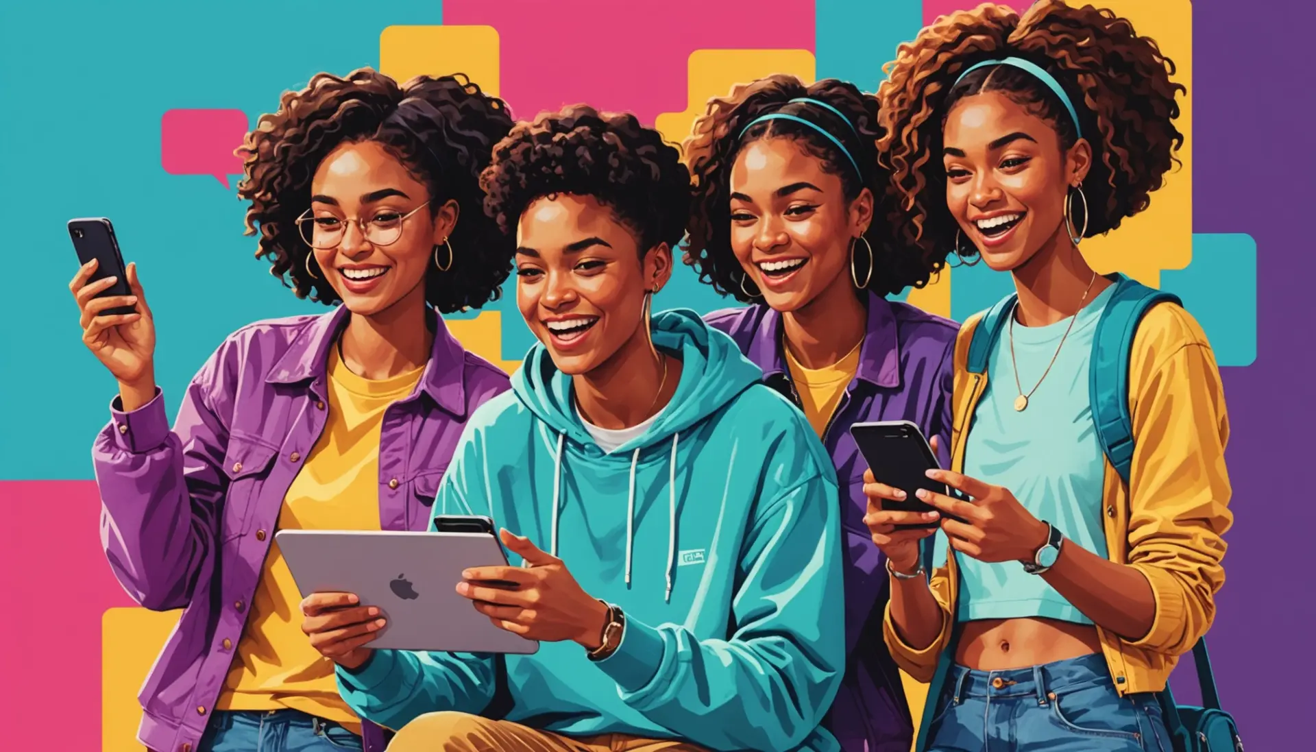 Editorial illustration showing teens discussing 'geeg urban dictionary' on phones and laptops