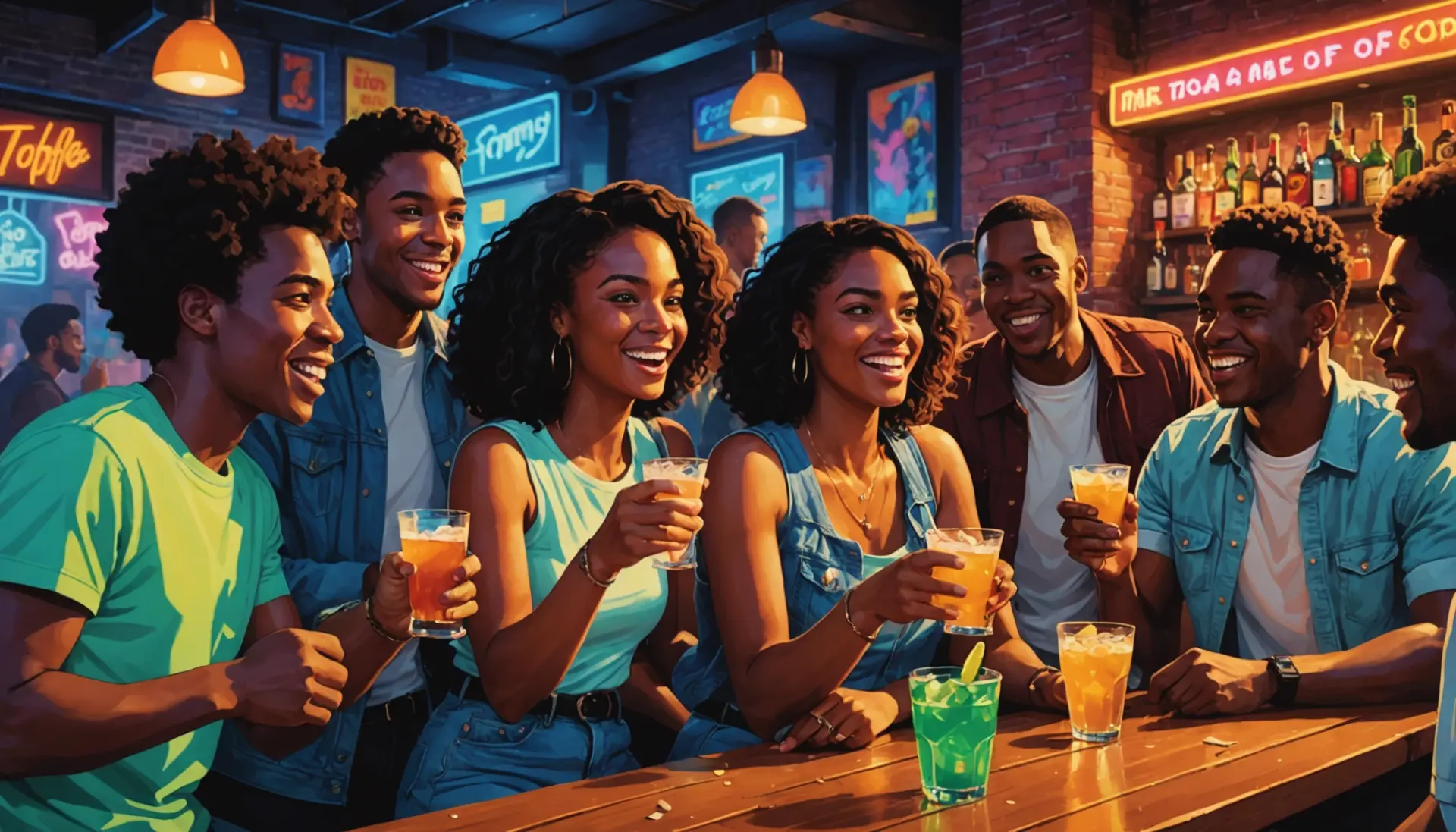 Editorial illustration showing friends at a bar with one asking to 'top me off', visualizing the phrase urban dictionary top me off