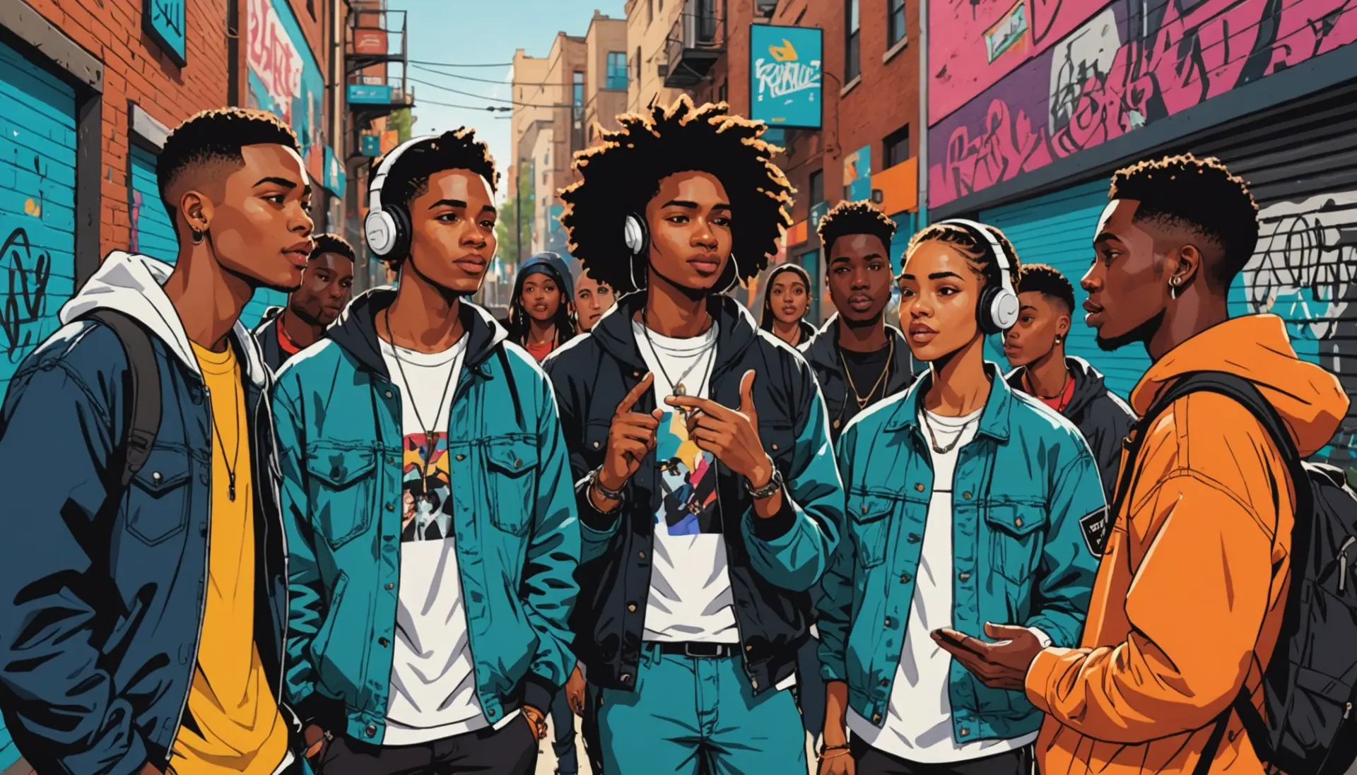 Editorial illustration of young people discussing the slang term opp slang meaning in a city setting