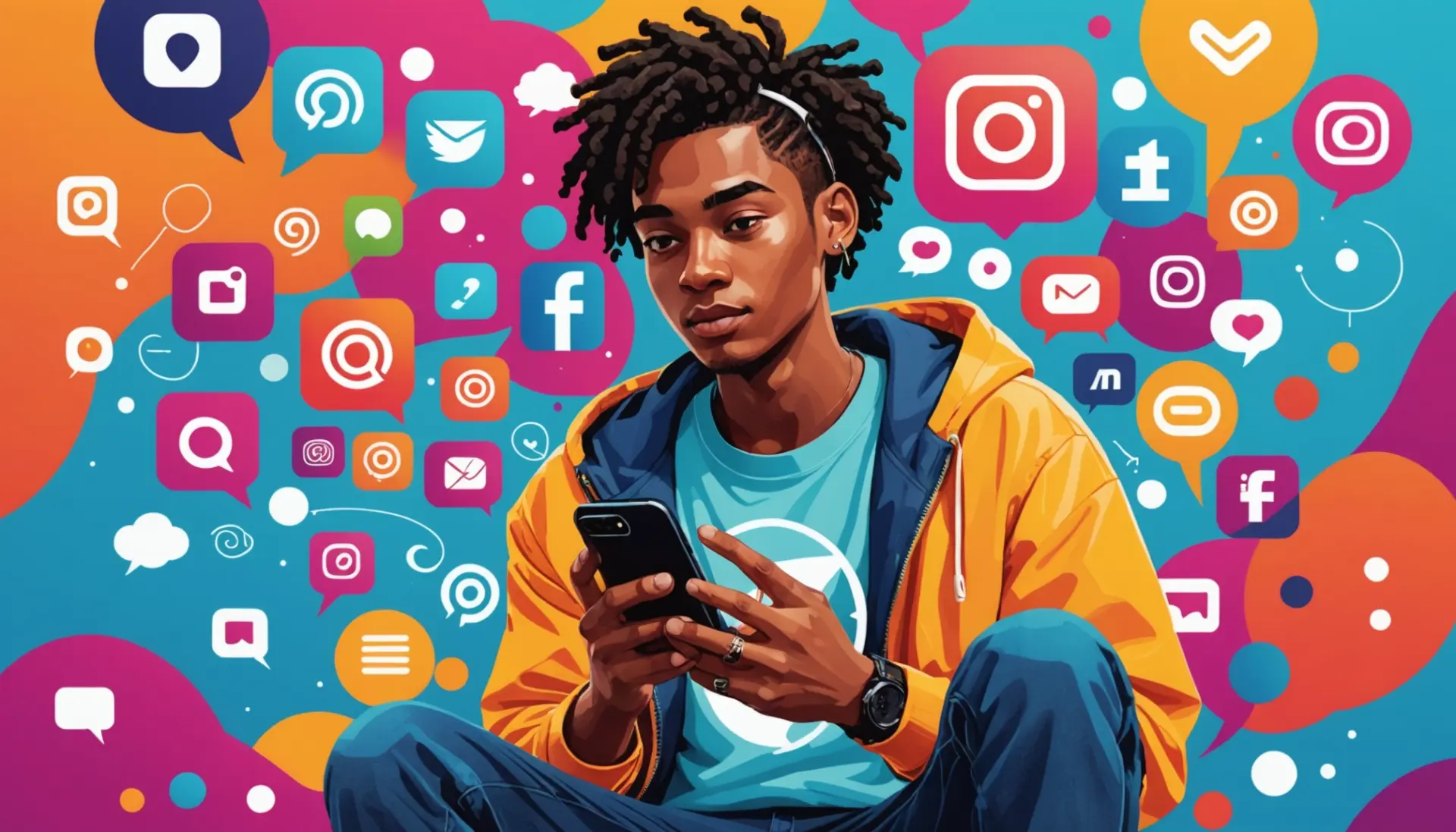 Editorial illustration showing what does tm mean on instagram with social icons and a trademark symbol