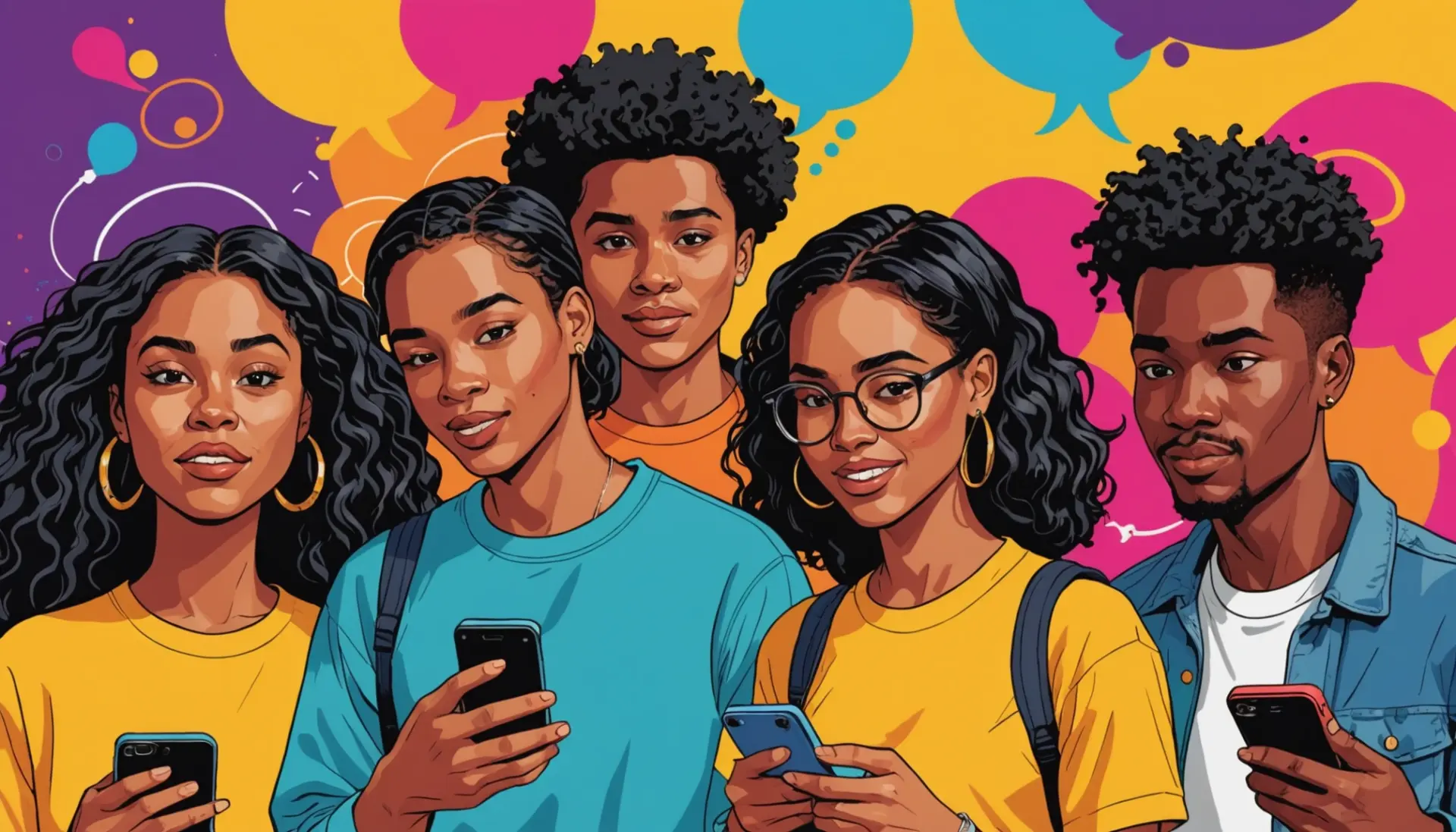 Editorial illustration showing people texting and pondering what does mmmm mean in text