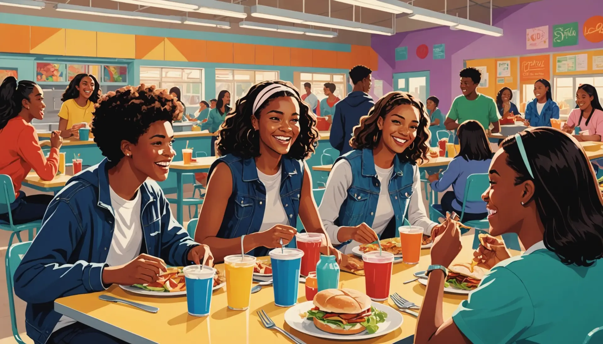 Editorial illustration of teens in a cafeteria with the phrase hot lunch urban dictionary vibe