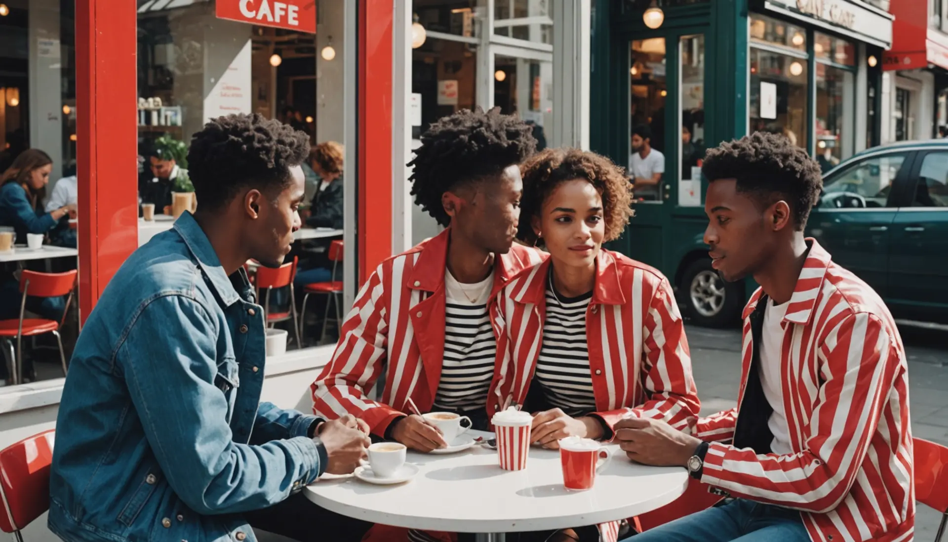 Editorial illustration showing people discussing 'white stripes meaning slang' with fashion stripes and a vinyl record