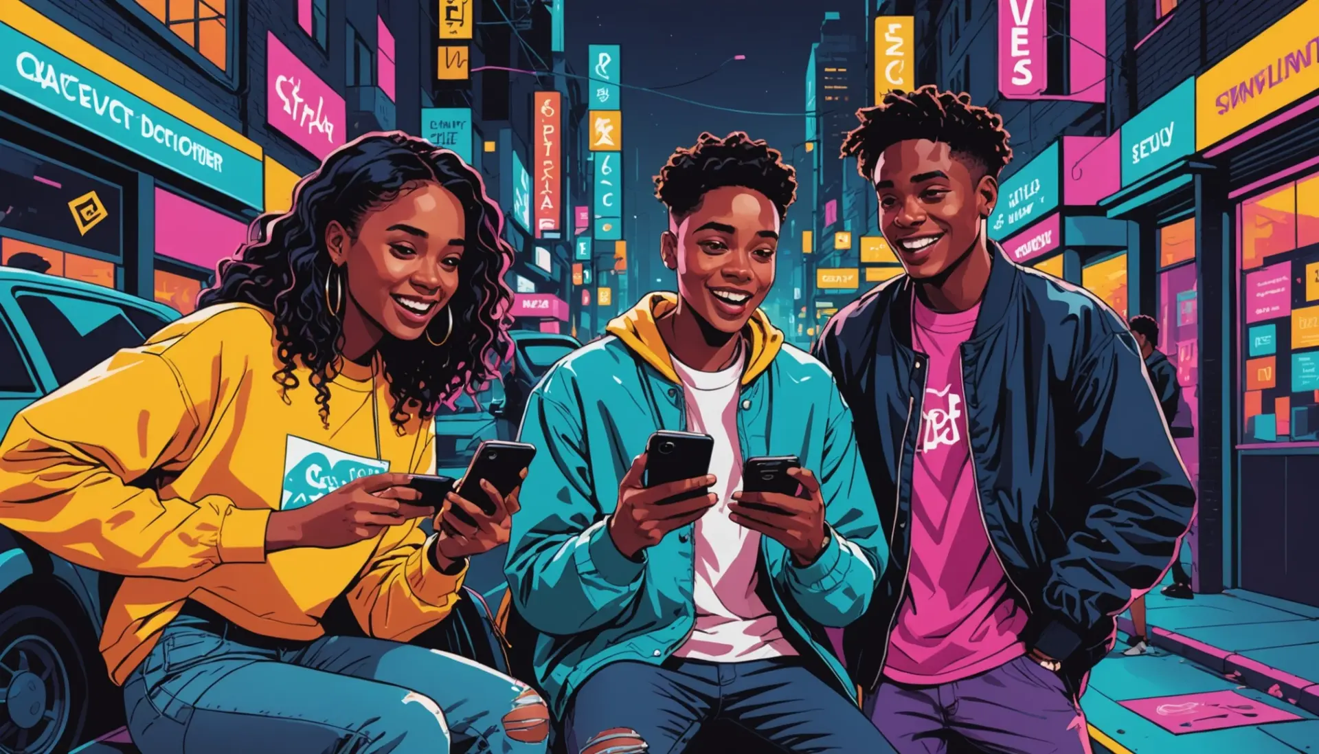 Editorial illustration showing people using phones and city nightlife, highlighting the phrase ran through meaning slang