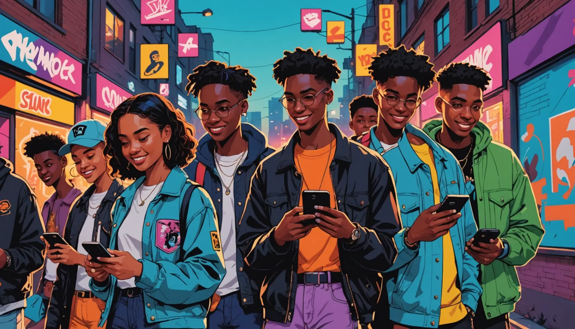 Editorial illustration showing people searching 'urban dictionary ran through' on phones in a vibrant street scene