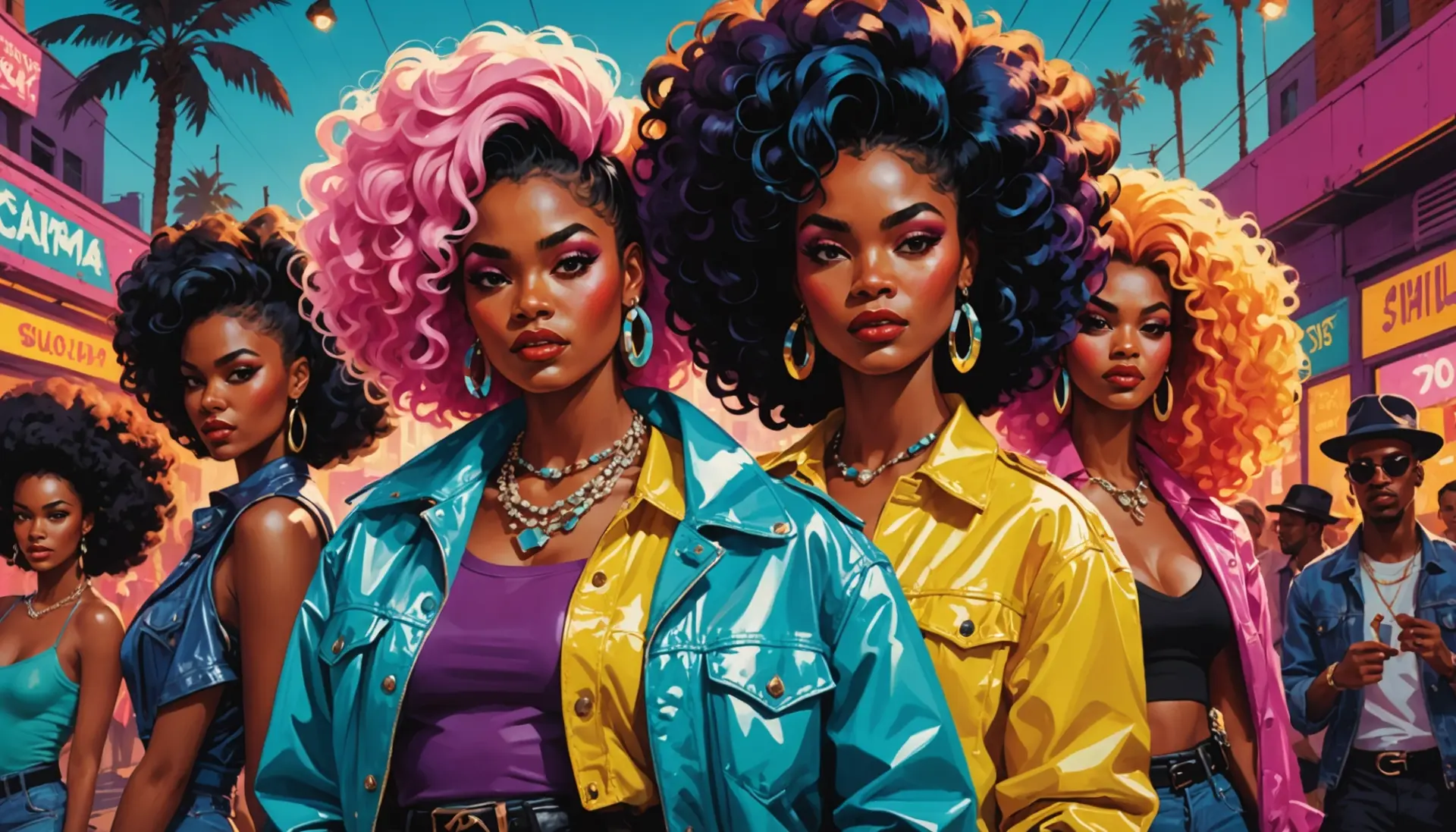Editorial illustration showing flamboyant characters evoking camp slang definition with exaggerated fashion