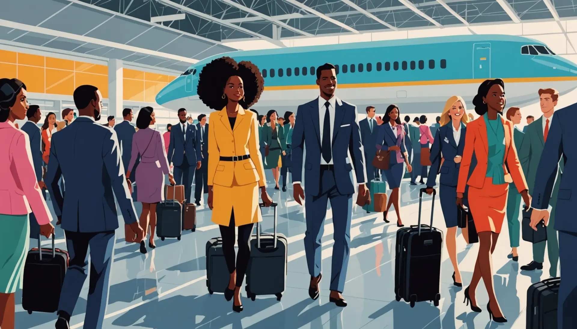 Illustration of travelers leaving a plane showing the phrase what does deplane mean
