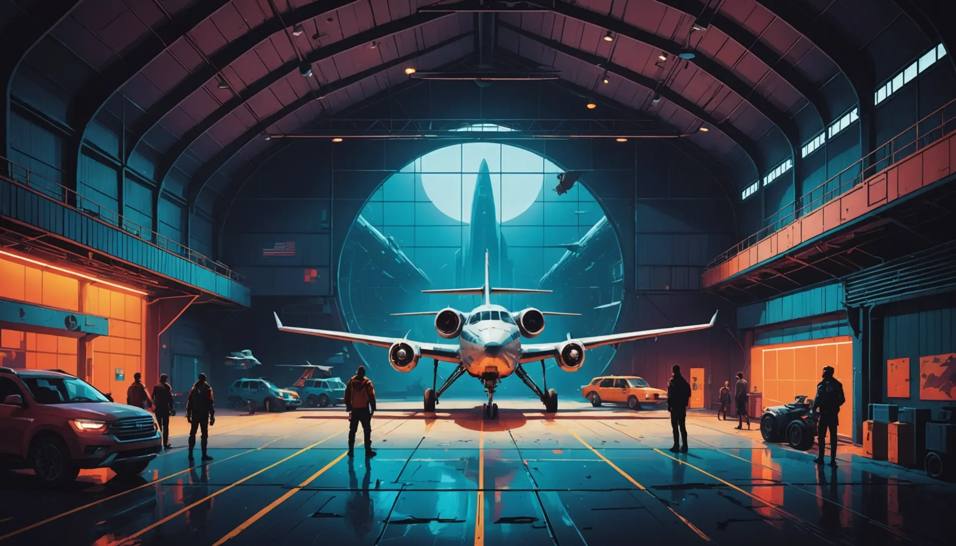 Editorial illustration showing the question what does hangar mean with a hangar, nightclub and spaceship bay, vibrant scene