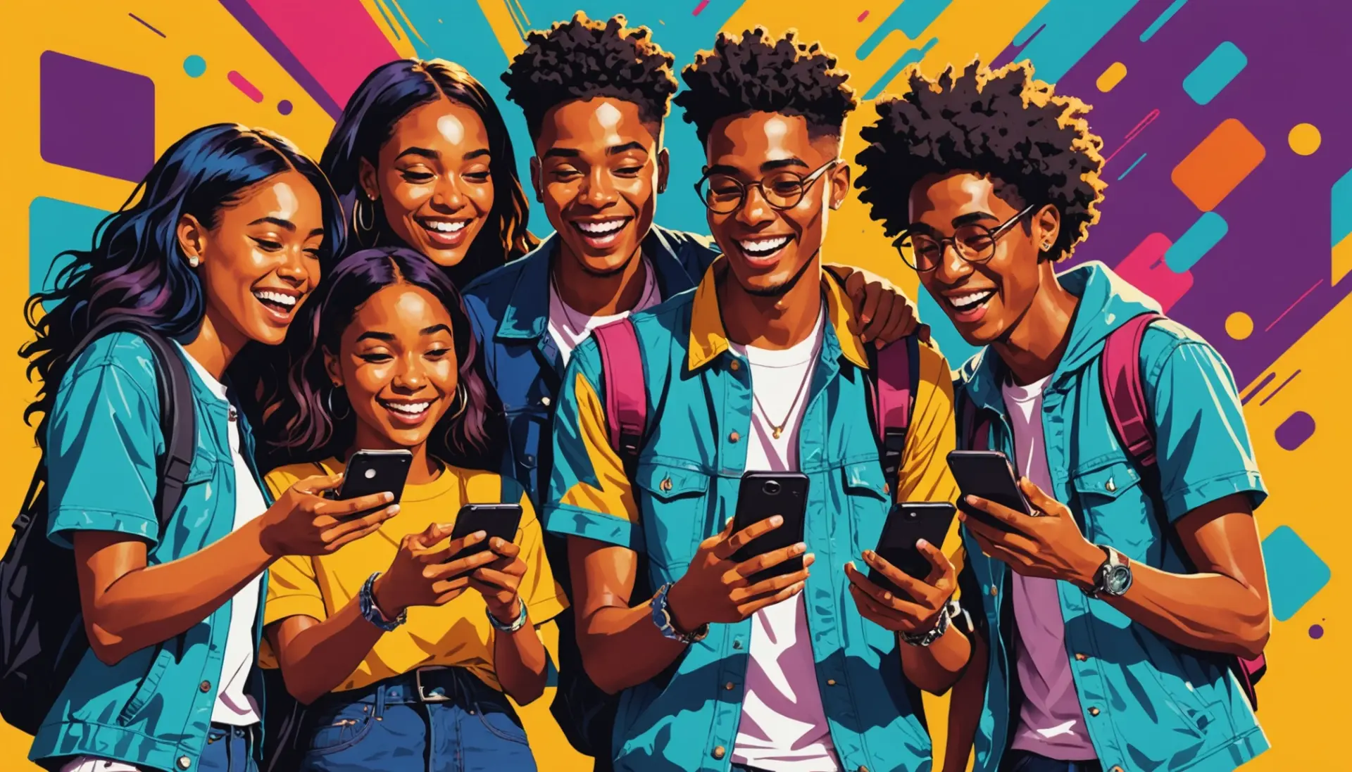 Editorial illustration of people checking a friend’s phone with the phrase what is g checked slang conveyed through gestures