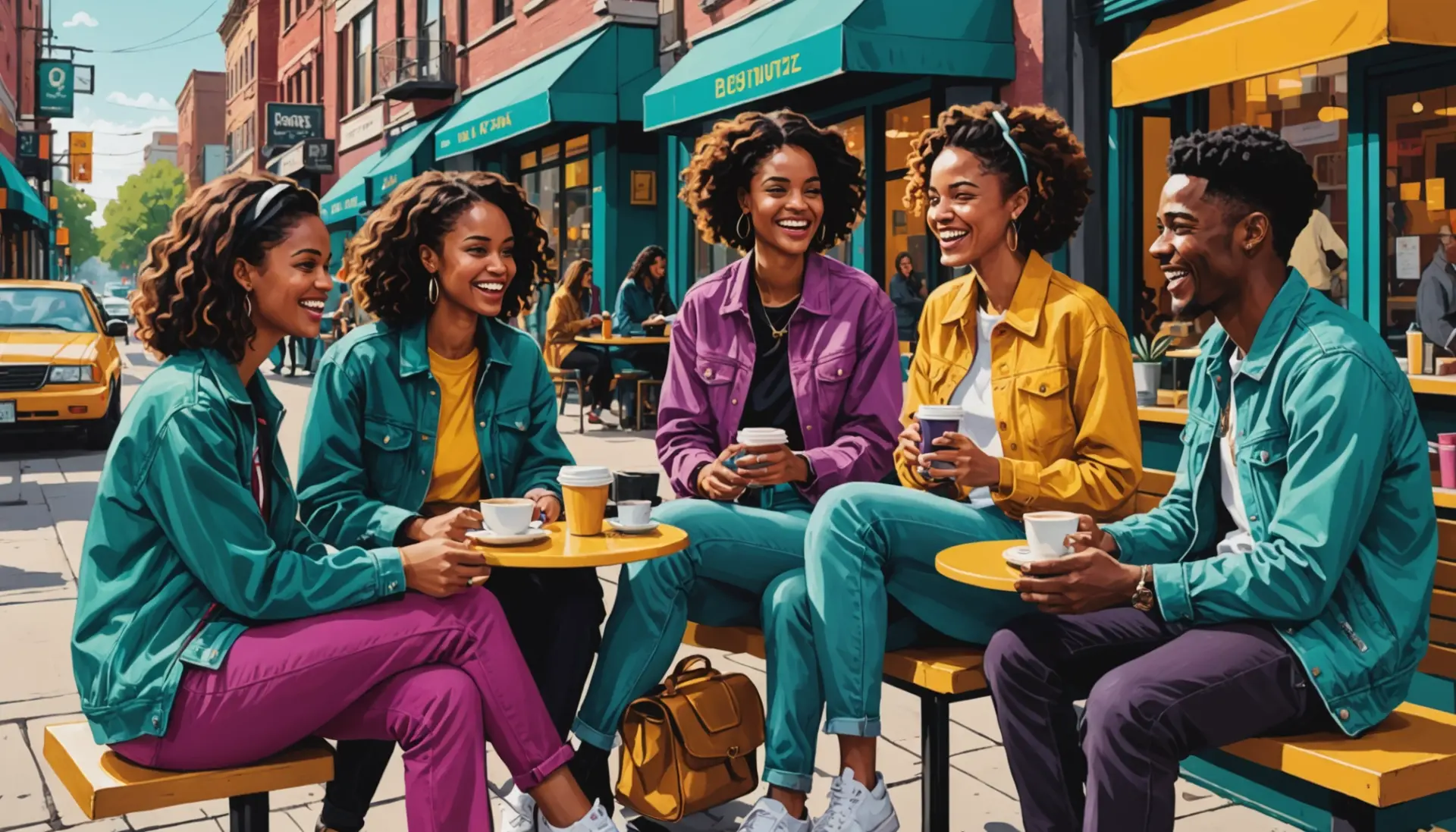 Editorial illustration showing young people chatting and laughing with the phrase yak slang implied