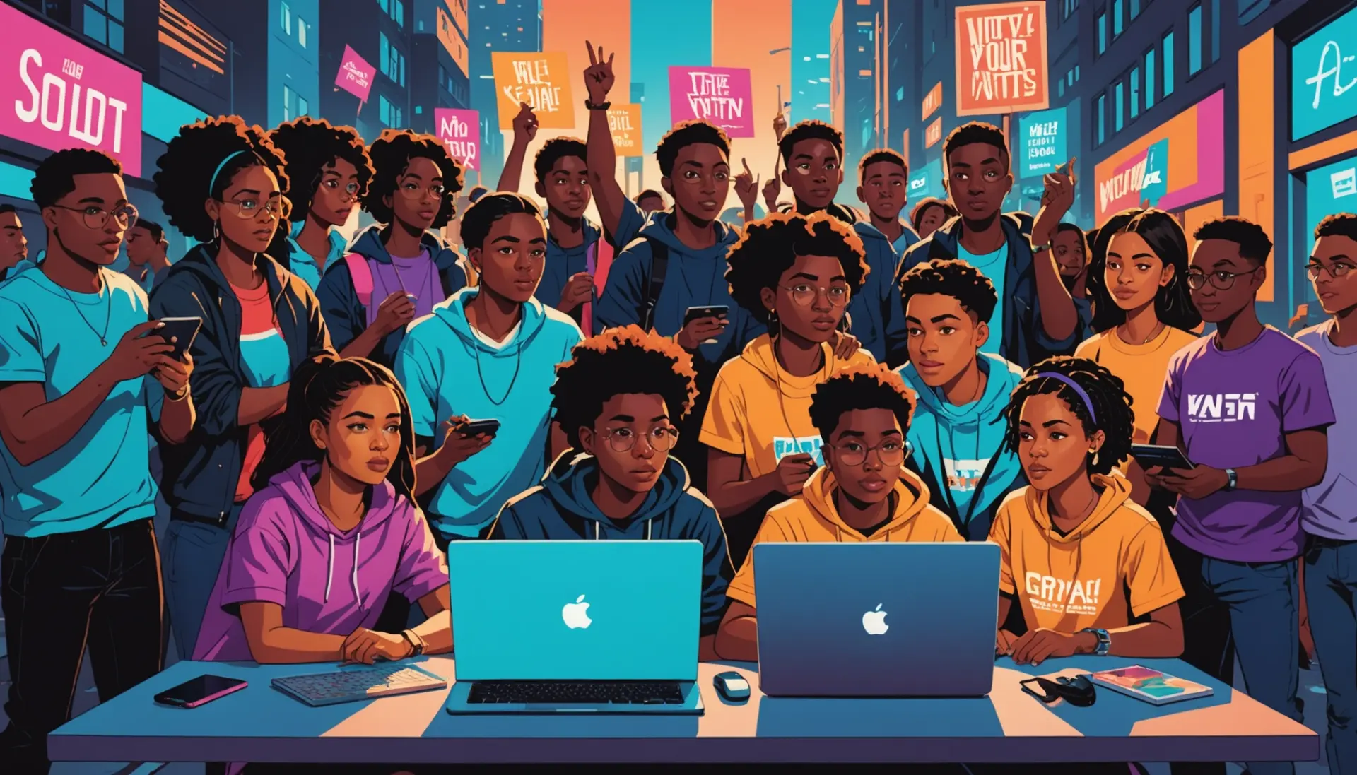 Editorial illustration showing the phrase what does pc mean in slang with a diverse crowd, laptops and protest signs