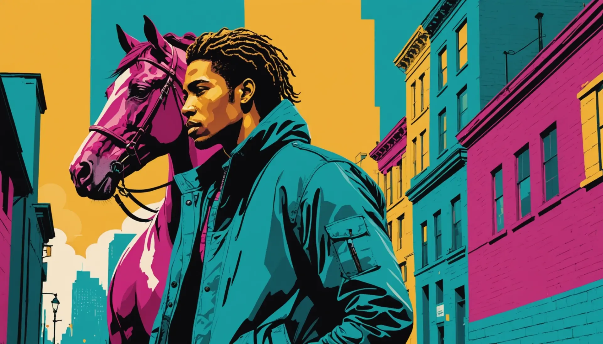 Editorial illustration showing the phrase what does canter mean with a horse silhouette and casual urban scene