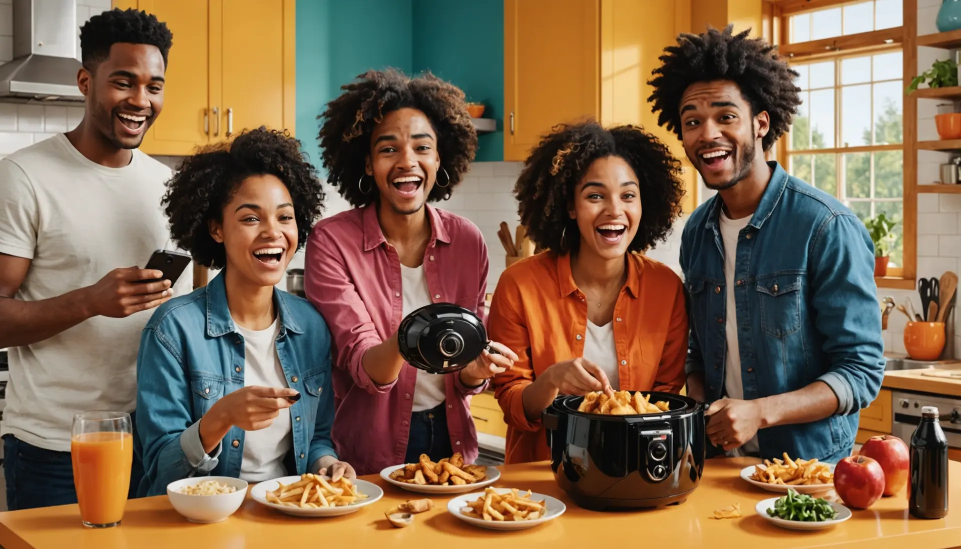 Editorial illustration showing youthful friends joking around with an air fryer, caption concept for fryer slang meaning
