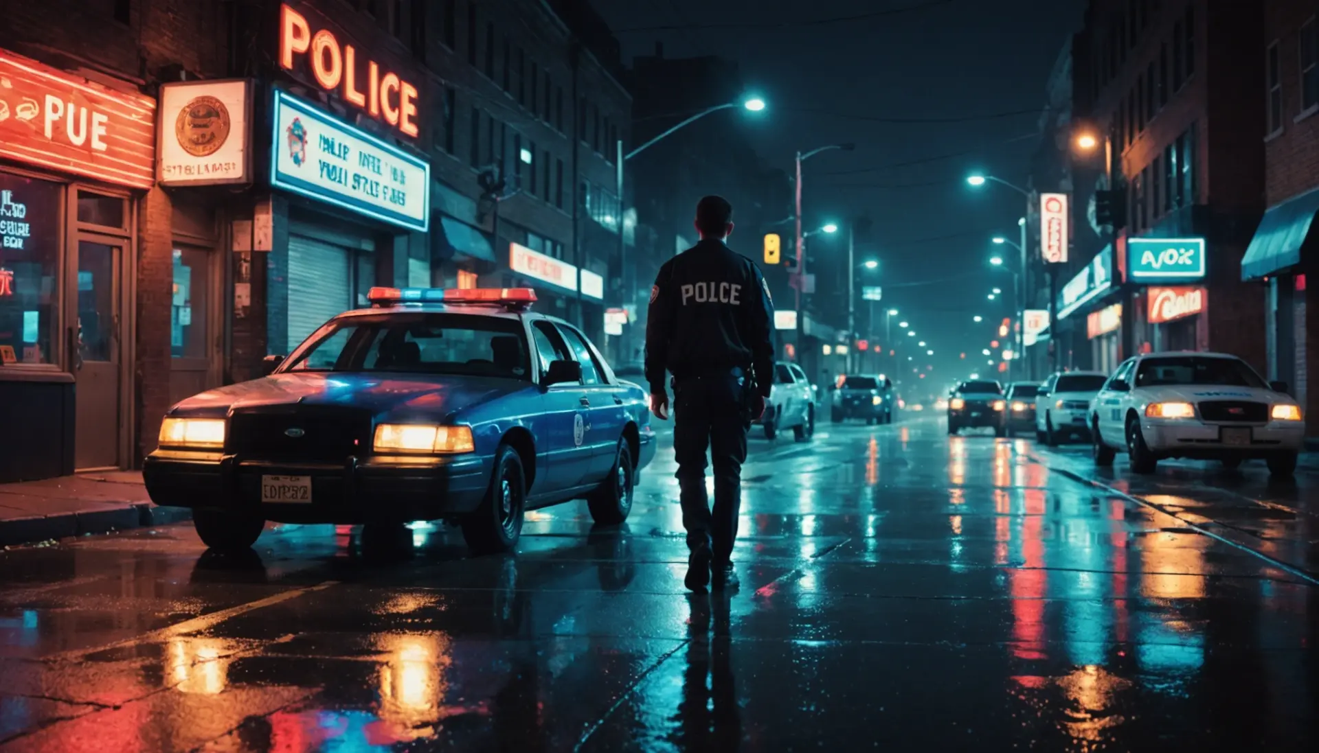 Editorial illustration showing a night city scene with a police cruiser and worried driver, caption idea: what does owi mean
