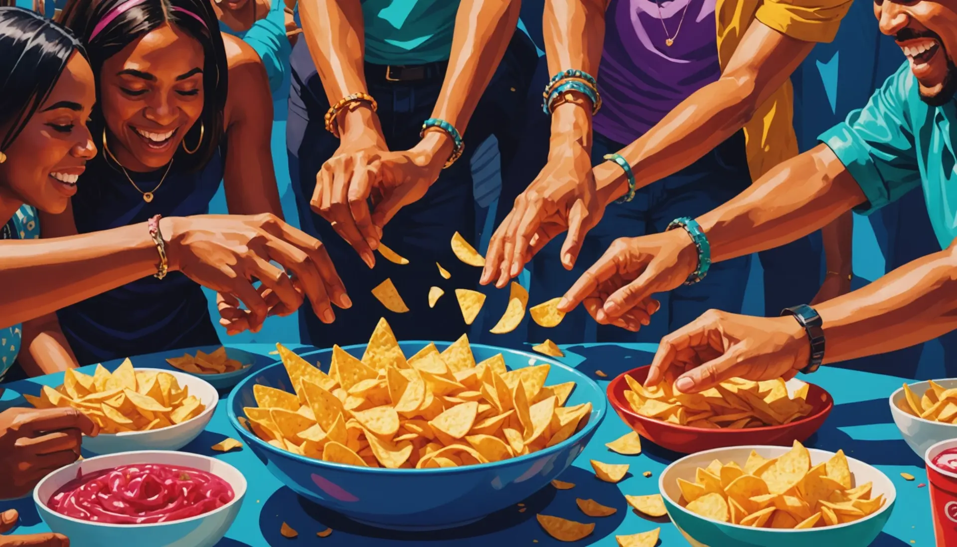 Editorial illustration showing a hand double-dipping a chip, caption: double dip urban dictionary