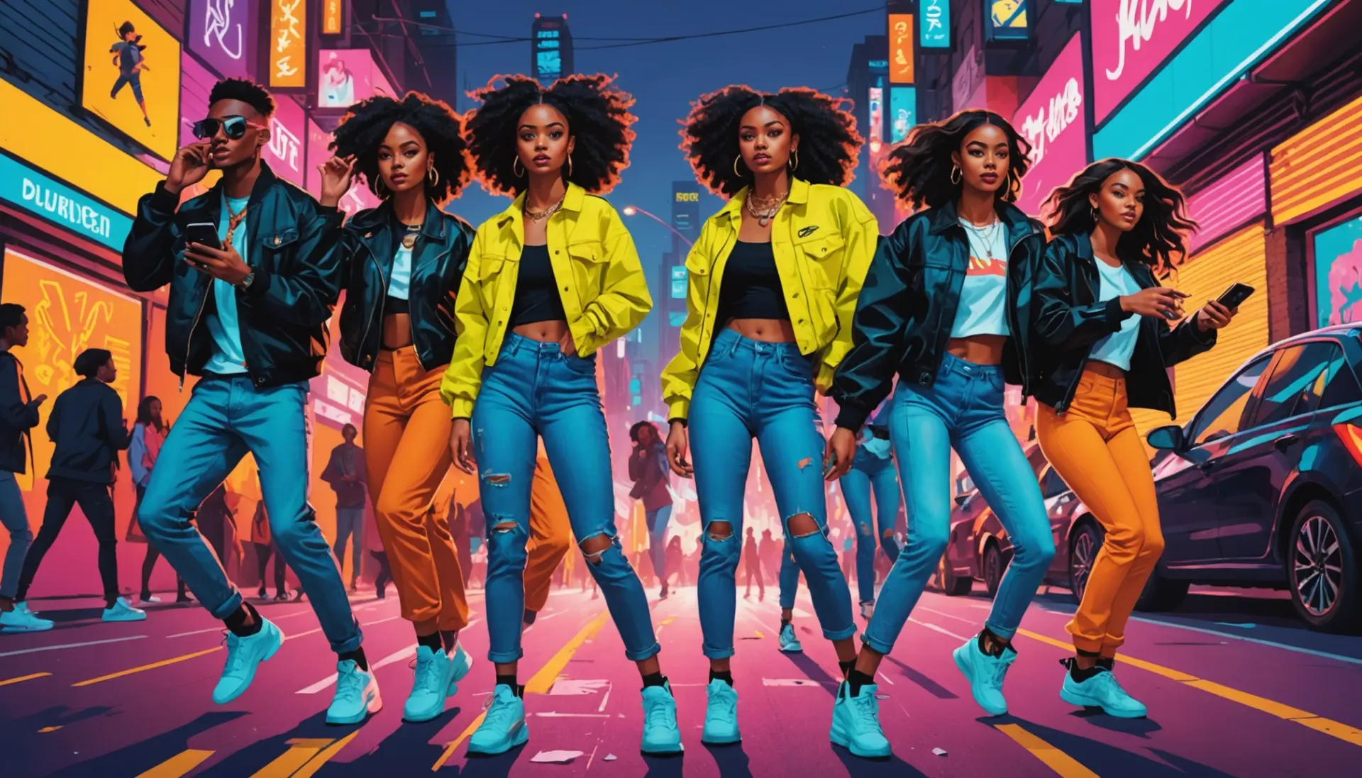 Editorial illustration of people stunting with flashy clothes and phones, titled stunt urban dictionary