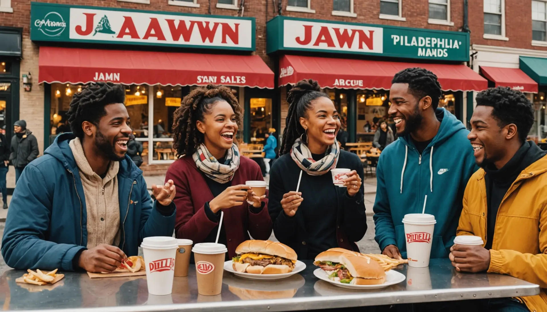 Editorial illustration of people using philly slang words at a deli