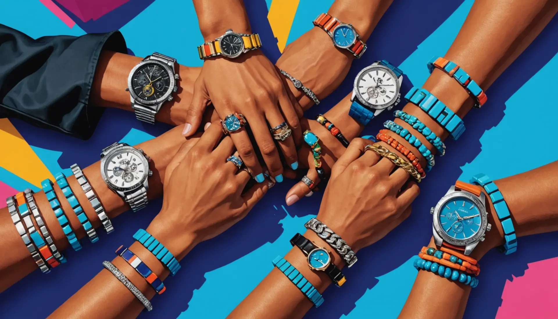 Editorial illustration of a wrist with flashy watch and bracelets, focusing on wristy slang meaning