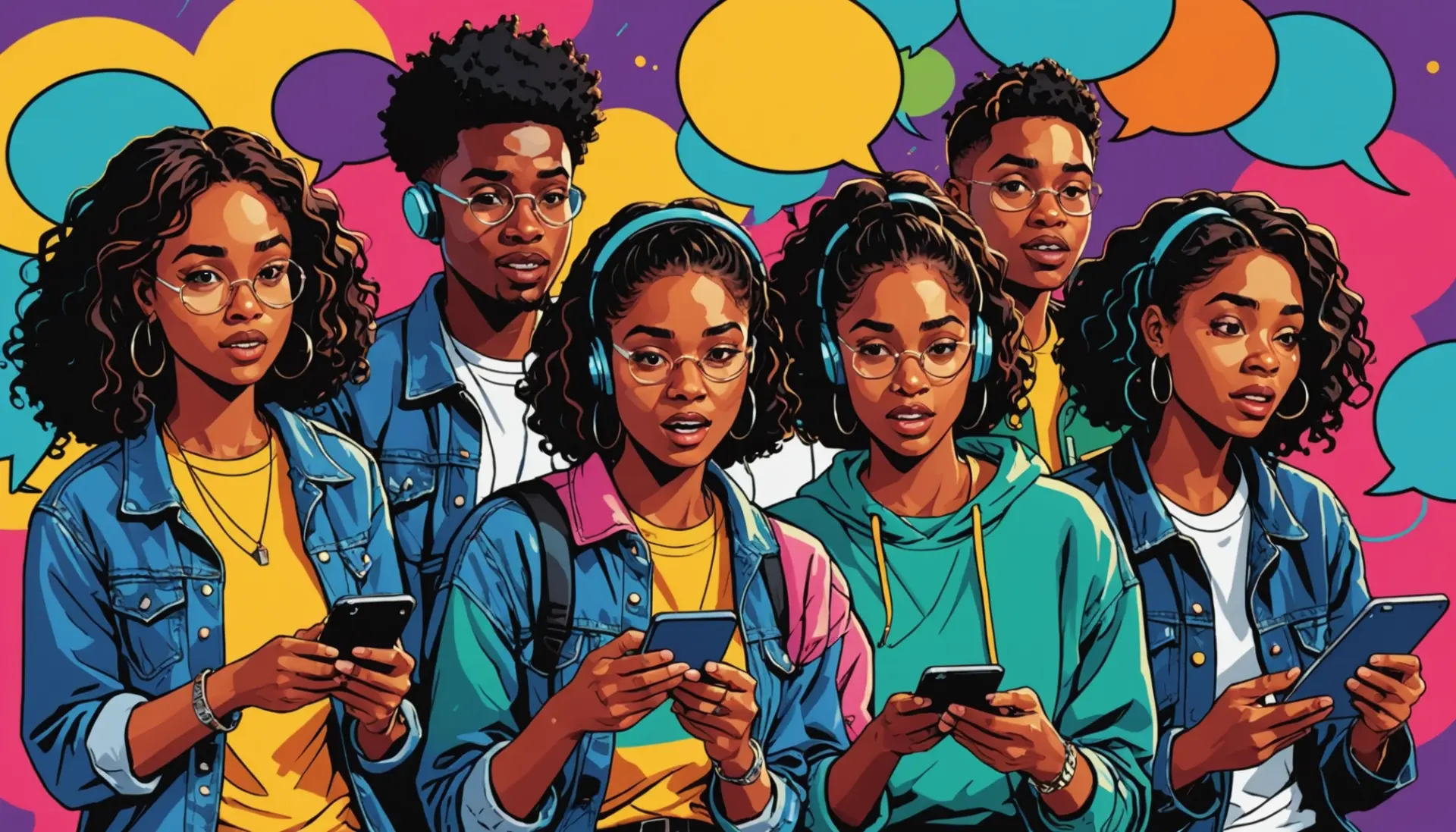Editorial illustration showing people reacting to the phrase alock meaning slang on their phones