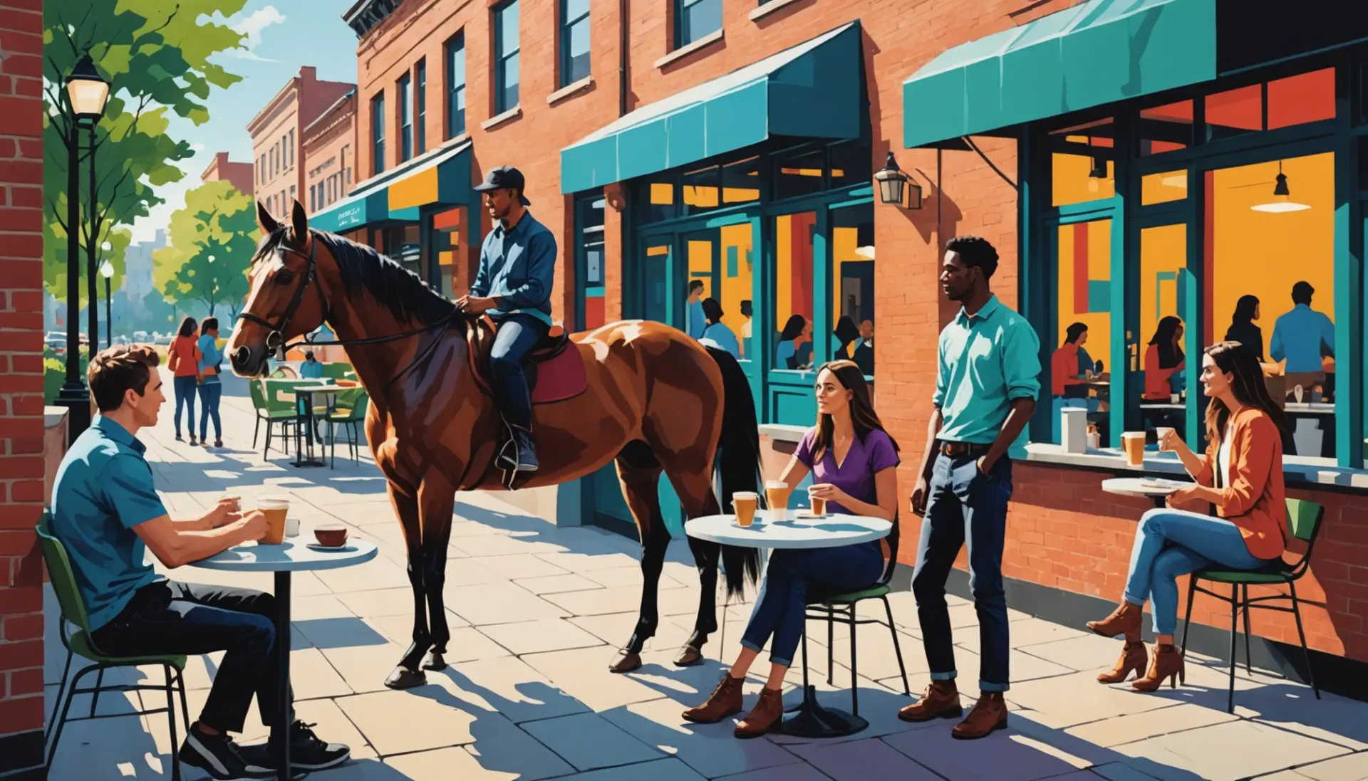 Editorial illustration showing people casually chatting with a stylized horse cantering, representing canter slang meaning