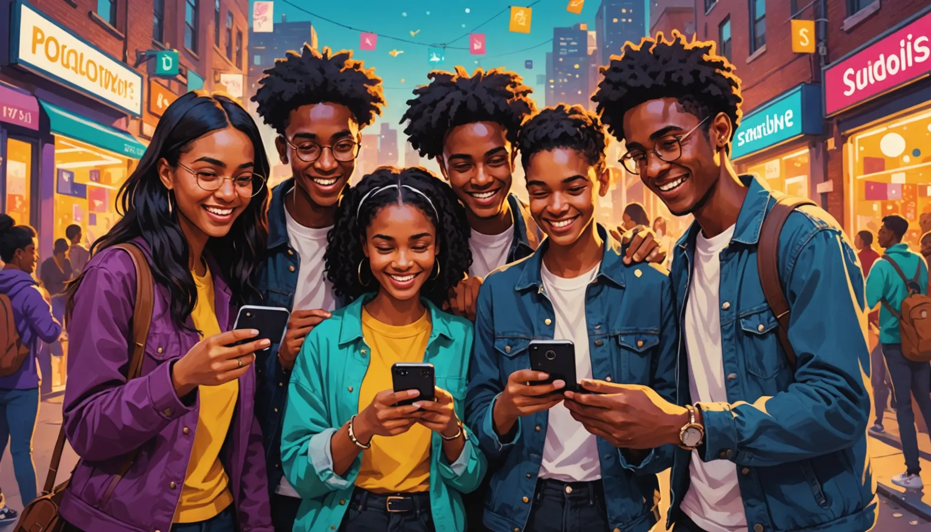 Editorial illustration showing a lively group chat scene with the phrase rand definition slang implied