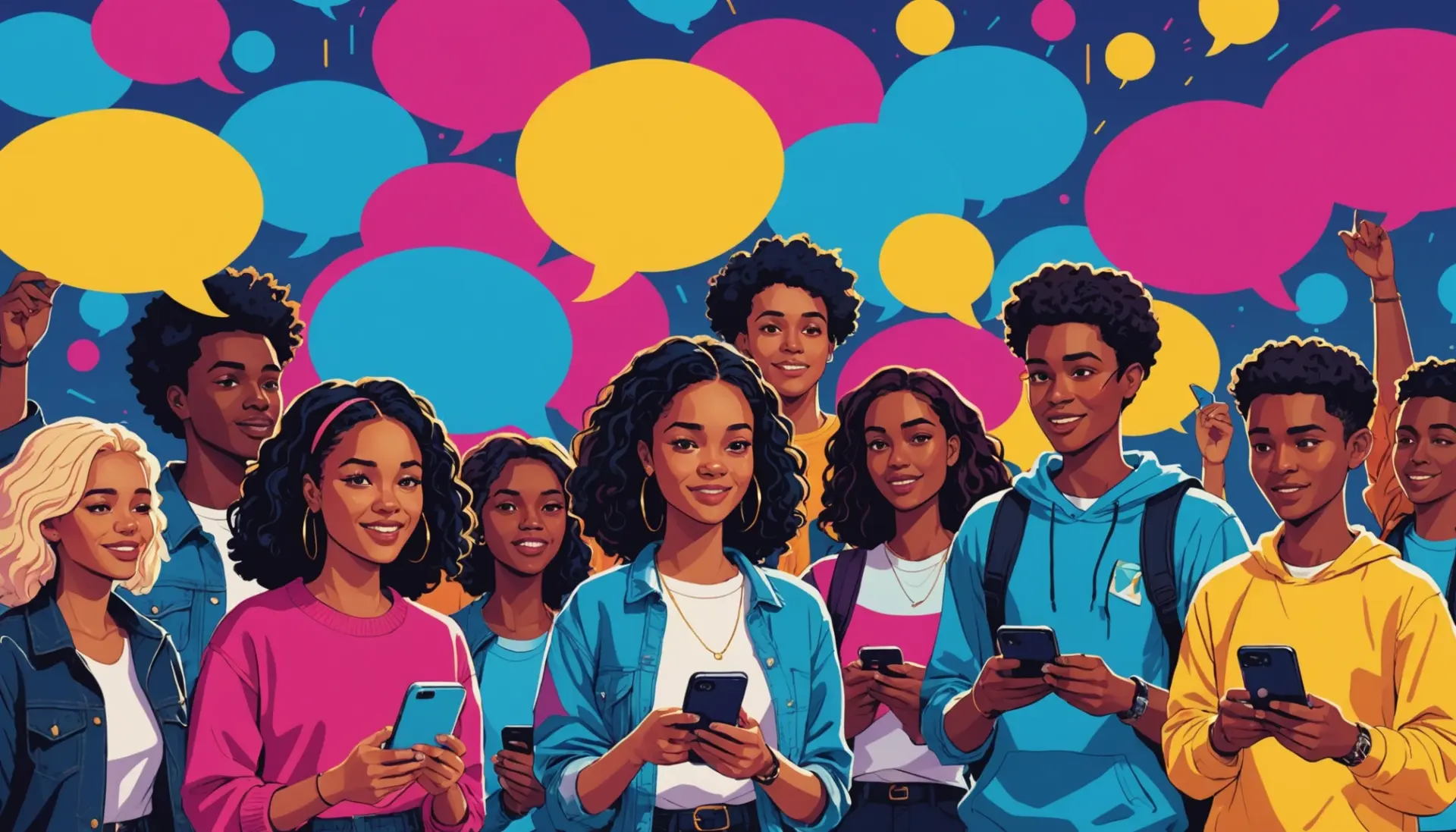 Illustration for what does omf mean in text showing energetic chat bubbles and typing icons