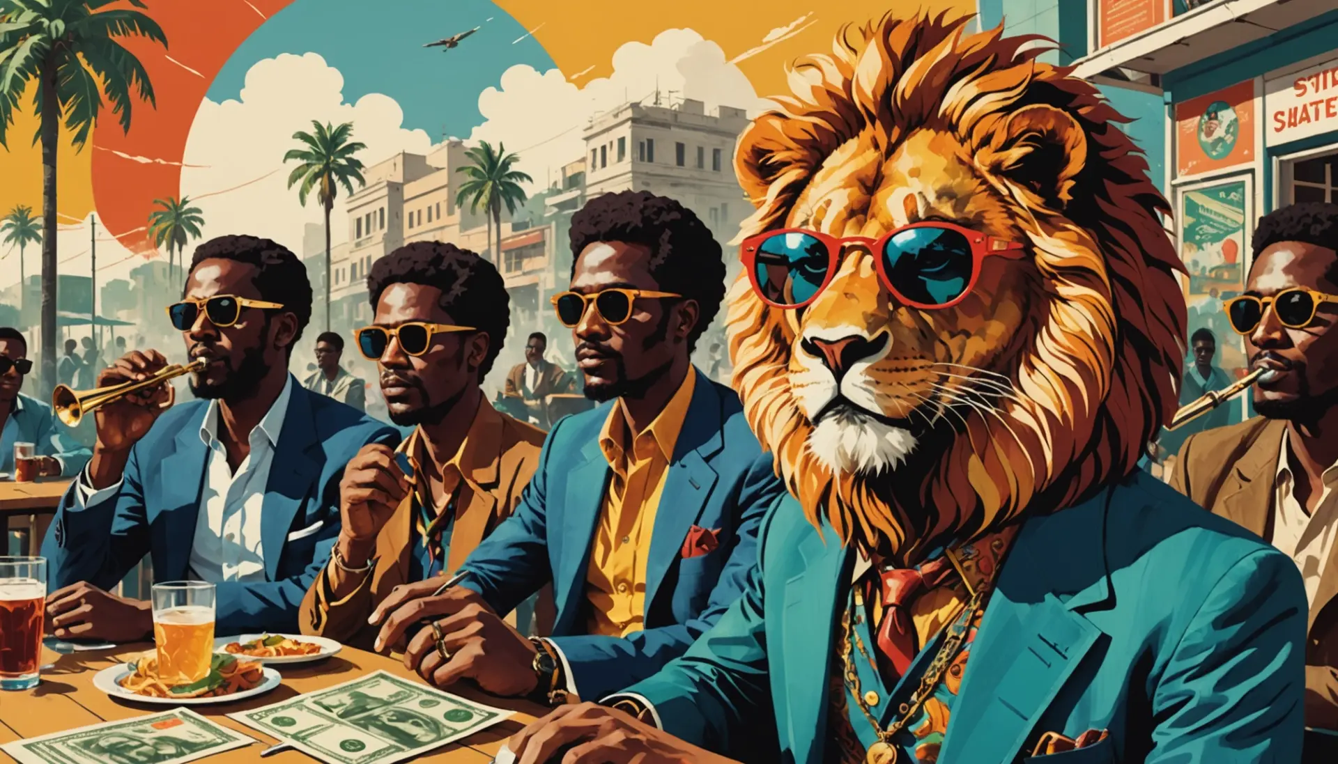 Editorial illustration showing people and symbols representing what does leone mean: lion, film director homage, and Sierra Leone currency